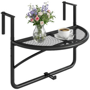 Adjustable Balcony Hanging Rail Table Metal Mounting Mini Wall Desk Storage Rack Outdoor Flower Stand, Black