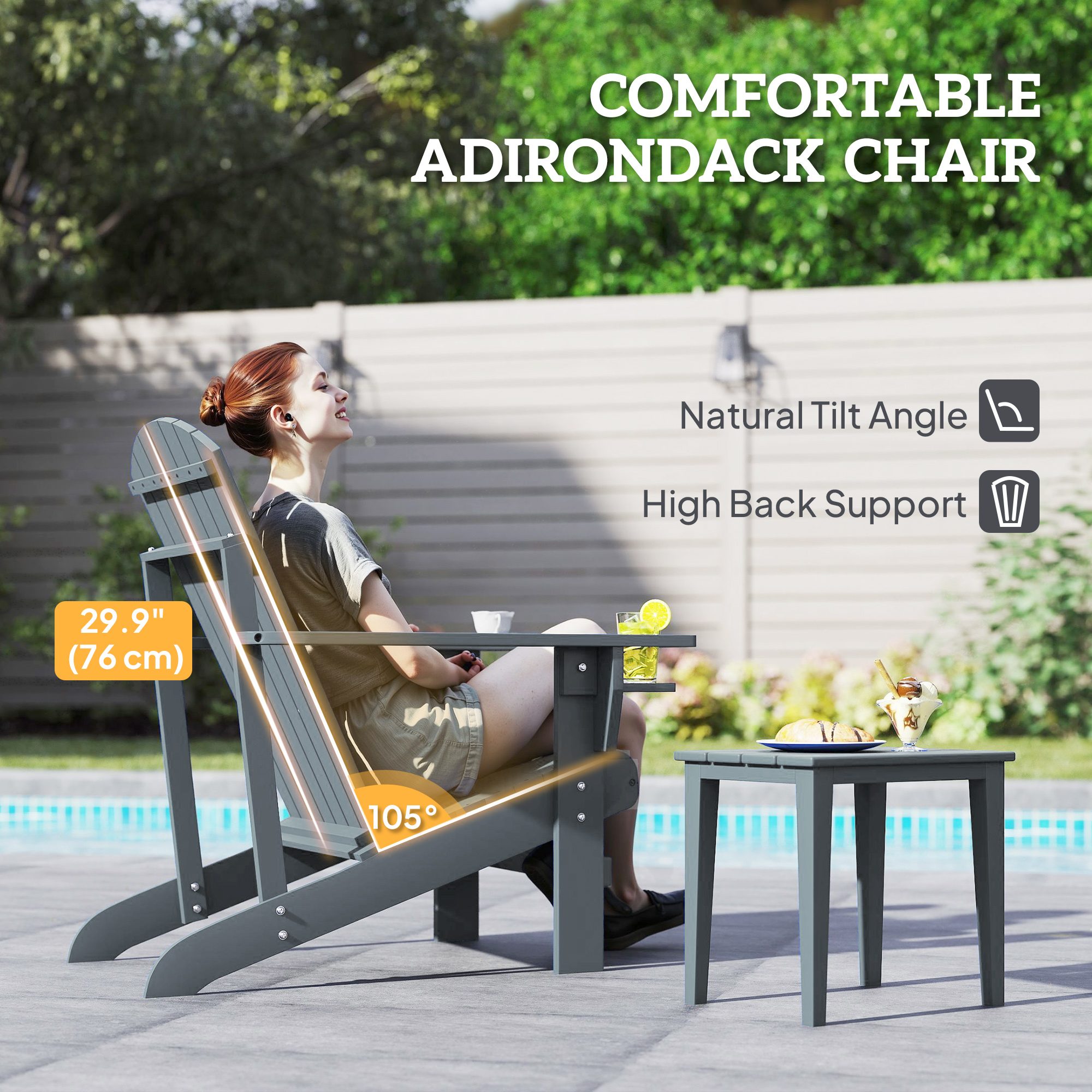 Classic Adirondack Chair, Muskoka Chairs, Garden Deck Chair with Cup Holder for Patio, Indoor, Backyard, Dark Grey - Image 2