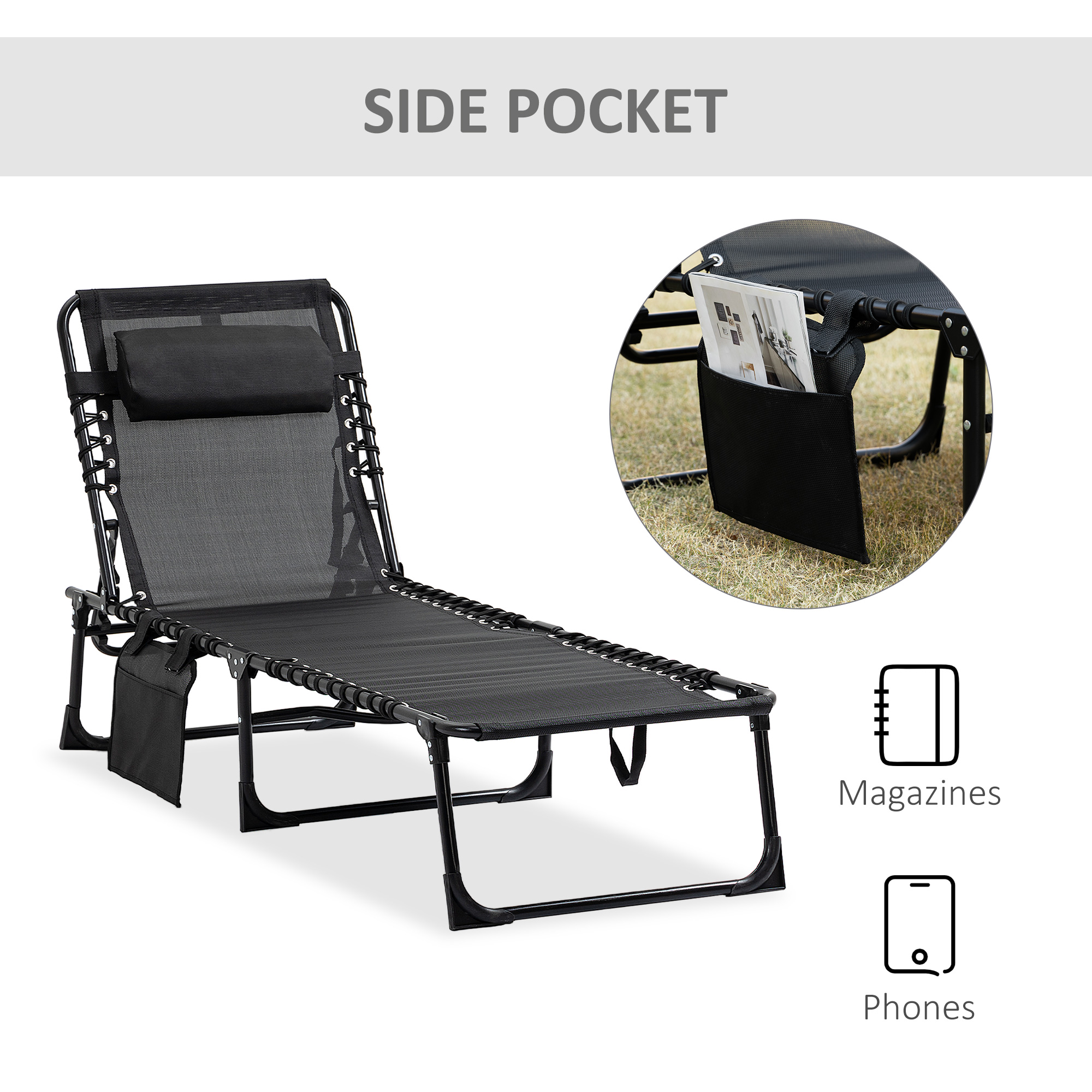 Outdoor Folding Chaise Lounge, Reclining Lounge Chair with Adjustable Backrest and Removable Pillow, Black - Image 5