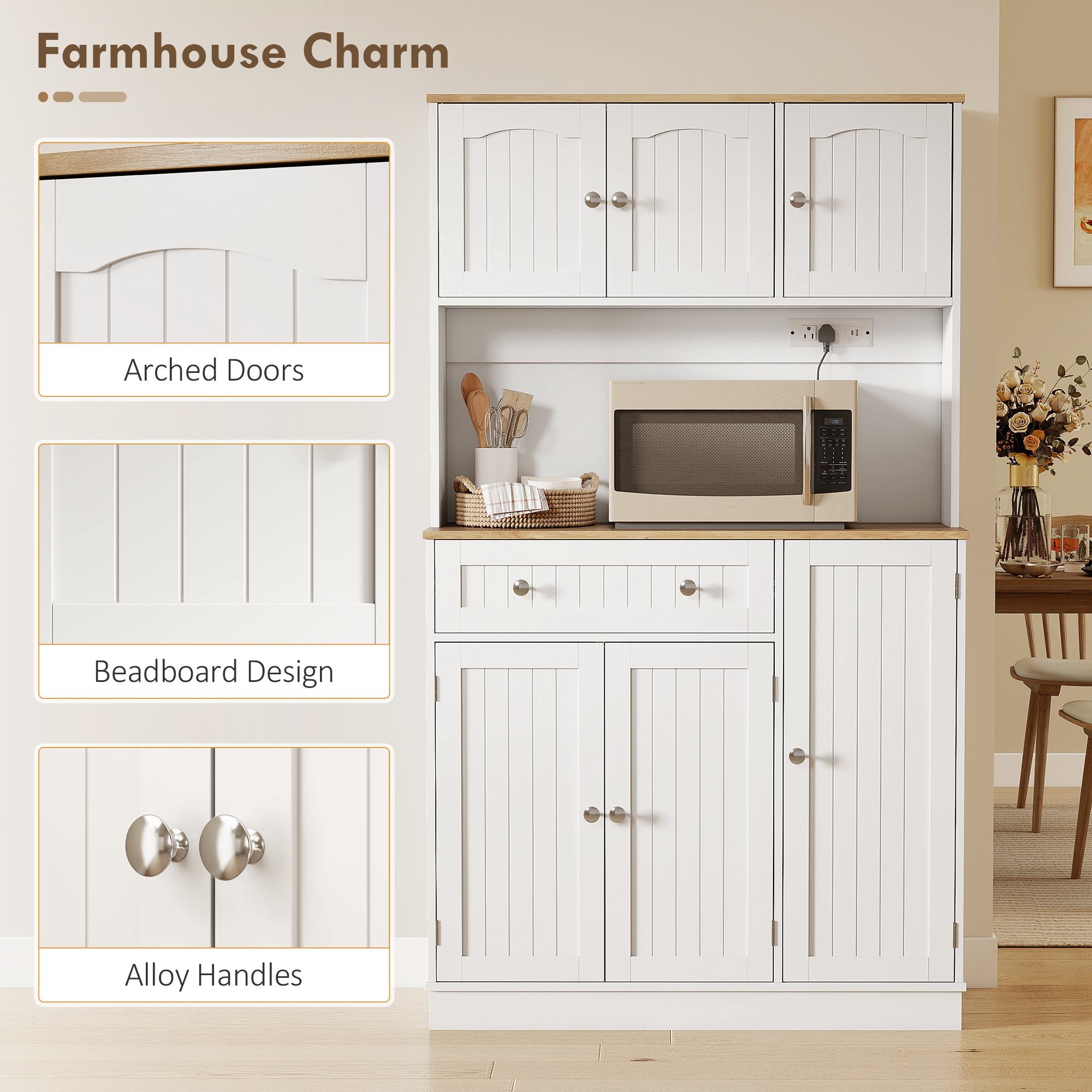 68" Pantry Cabinet with Charging Station, Kitchen Storage Cabinet with Microwave Stand, 4 Door Racks, White - Image 5