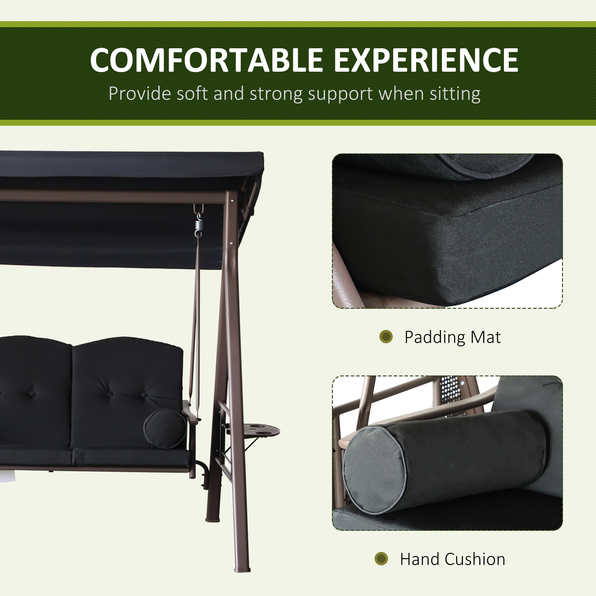 Outdoor Patio 3-Person Steel Canopy Cushioned Seat Bench Swing with Included Side Trays & Padded Comfort, Black - Image 4