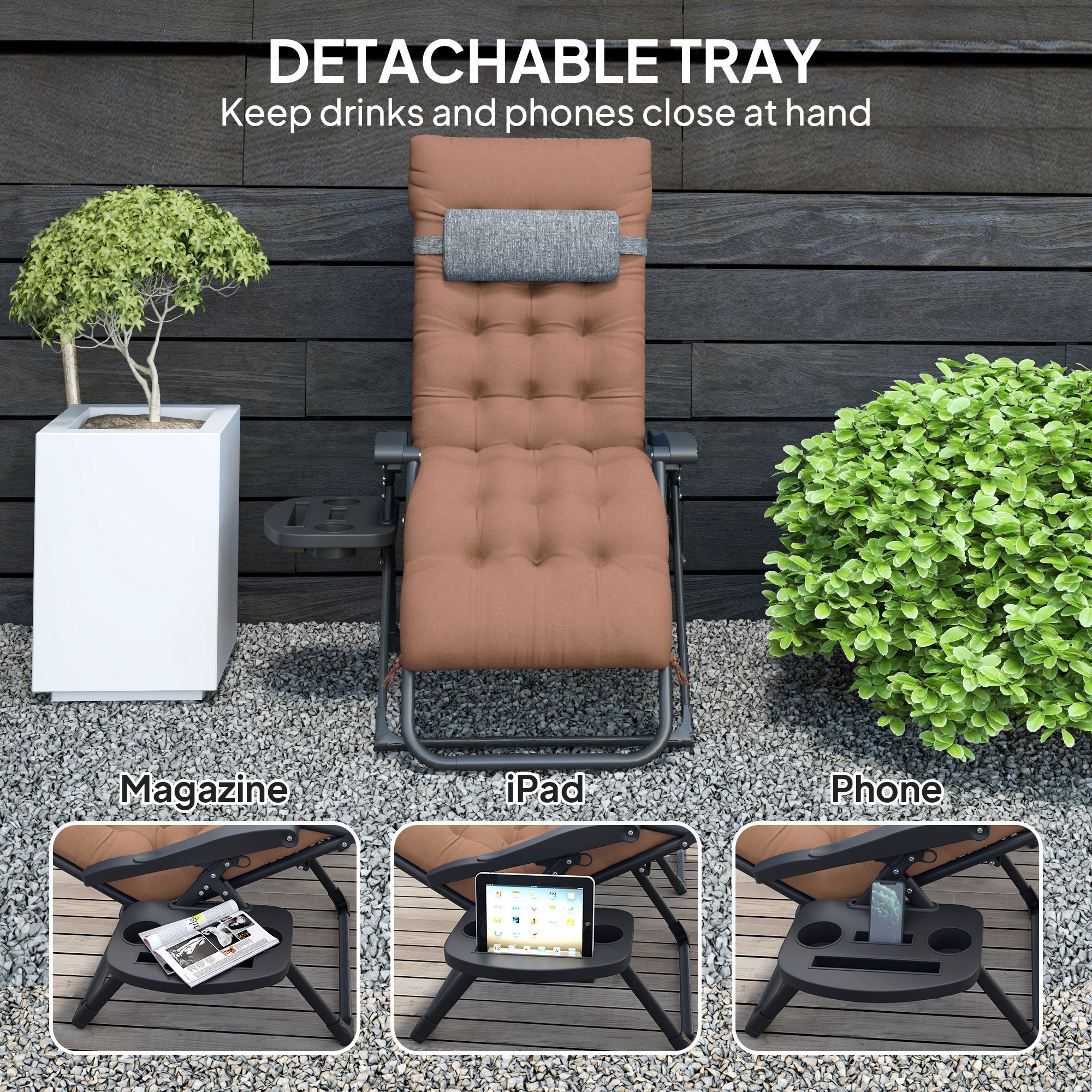 Padded Folding Recliner Chair, Patio Lounger with Cupholder, Adjustable Backrest, Removable Cushion, Khaki - Image 4