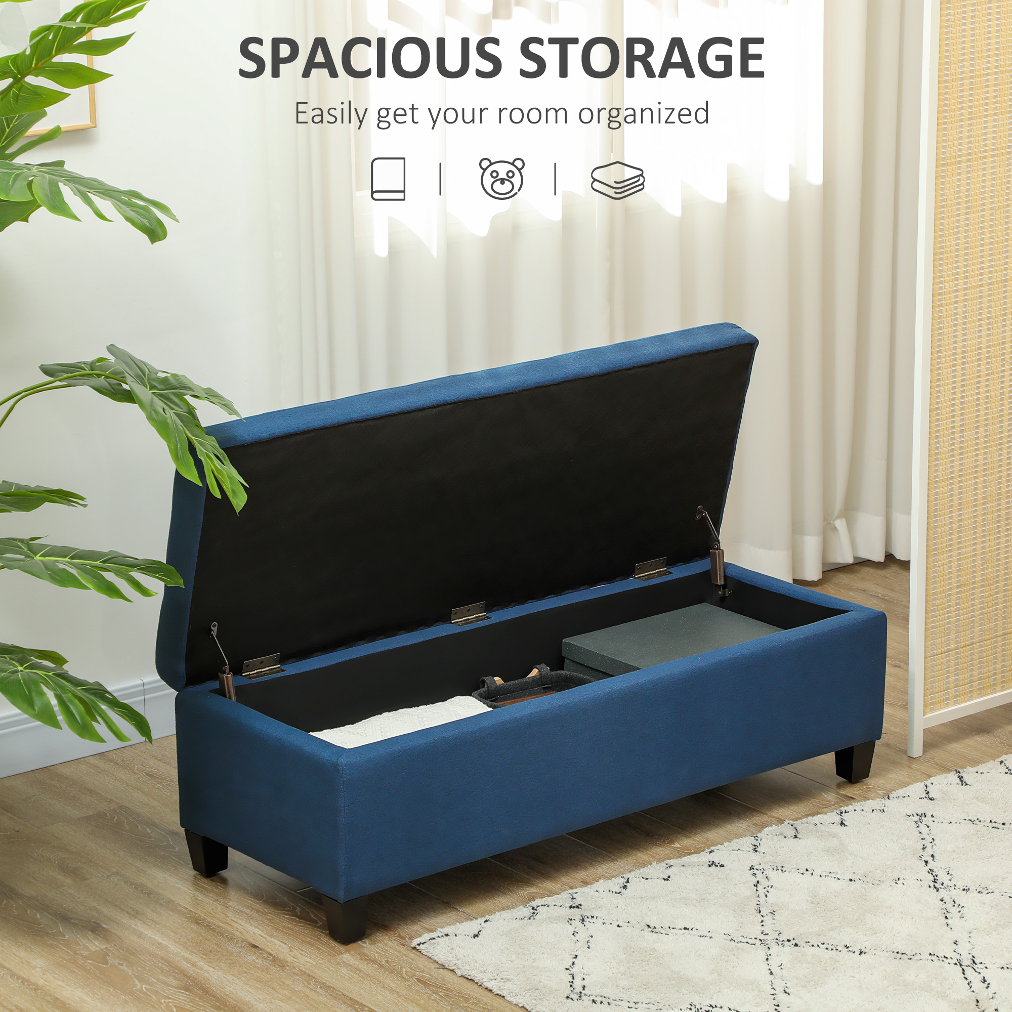 Rectangular Entry Bench, Tufted Upholstered Linen Fabric Wood Feet Storage Ottoman Bench, Blue - Image 2