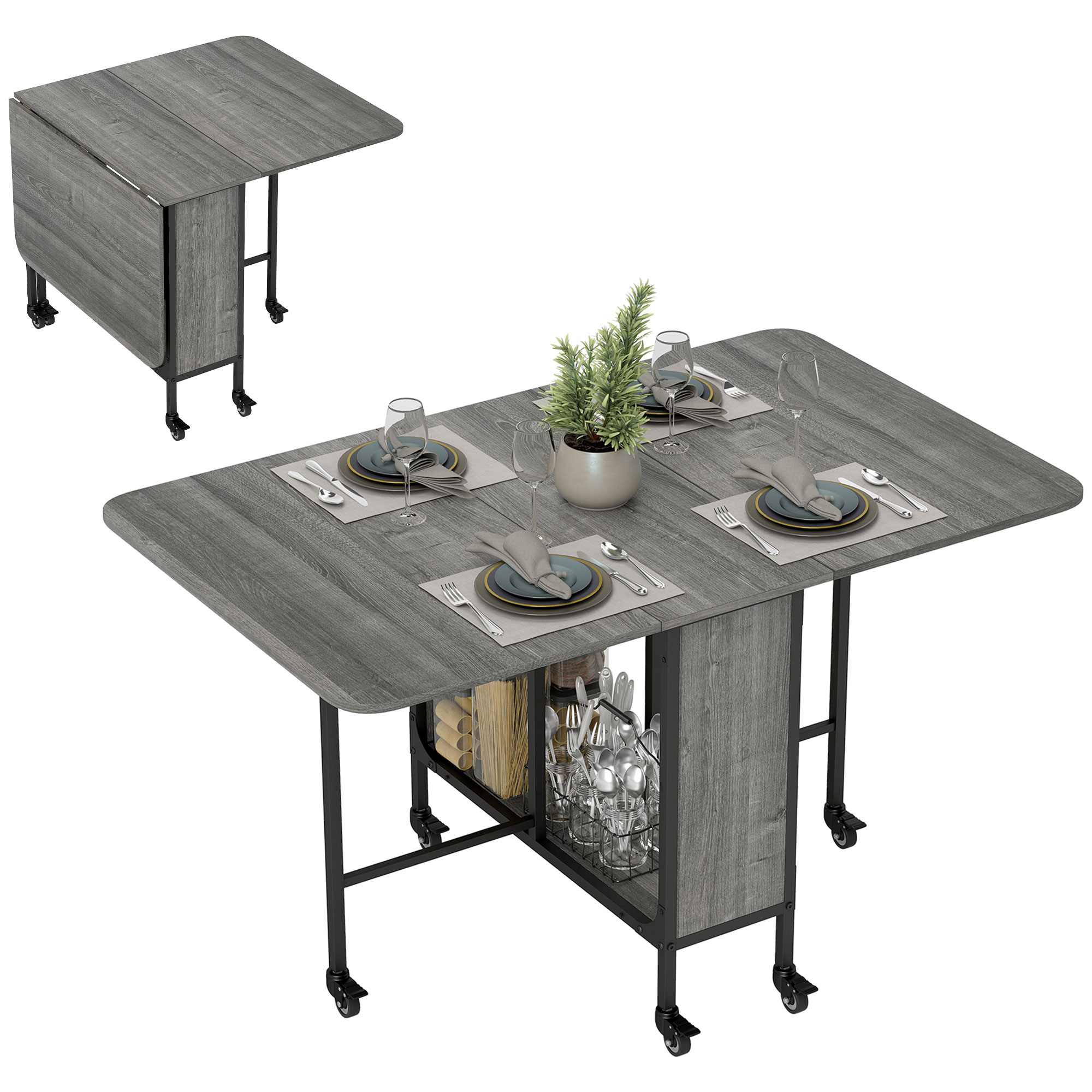 Folding Dining Table, Extendable Kitchen Table for Small Spaces with Storage Shelf and 6 Wheels, Distressed Grey