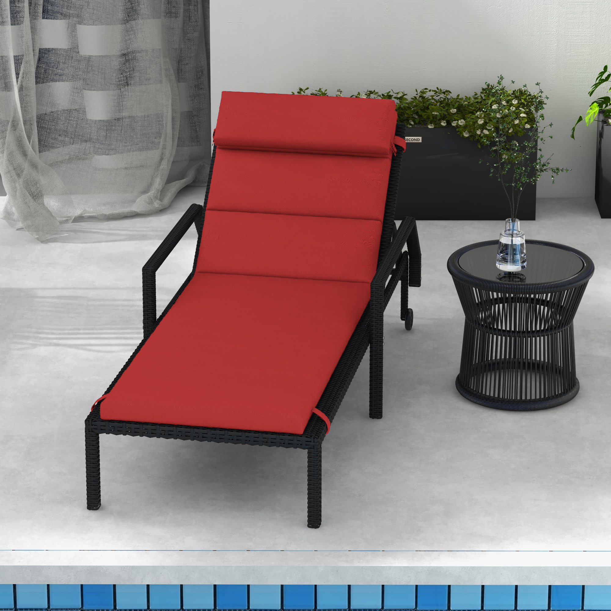 Patio Chaise Lounge Chair Cushion Replacement Sun Lounger Pads with Headrest and Ties, Wine Red - Image 5