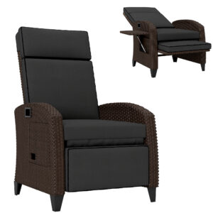 Outdoor Recliner Chair with Adjustable Backrest, Cushion, Side Tray, Black