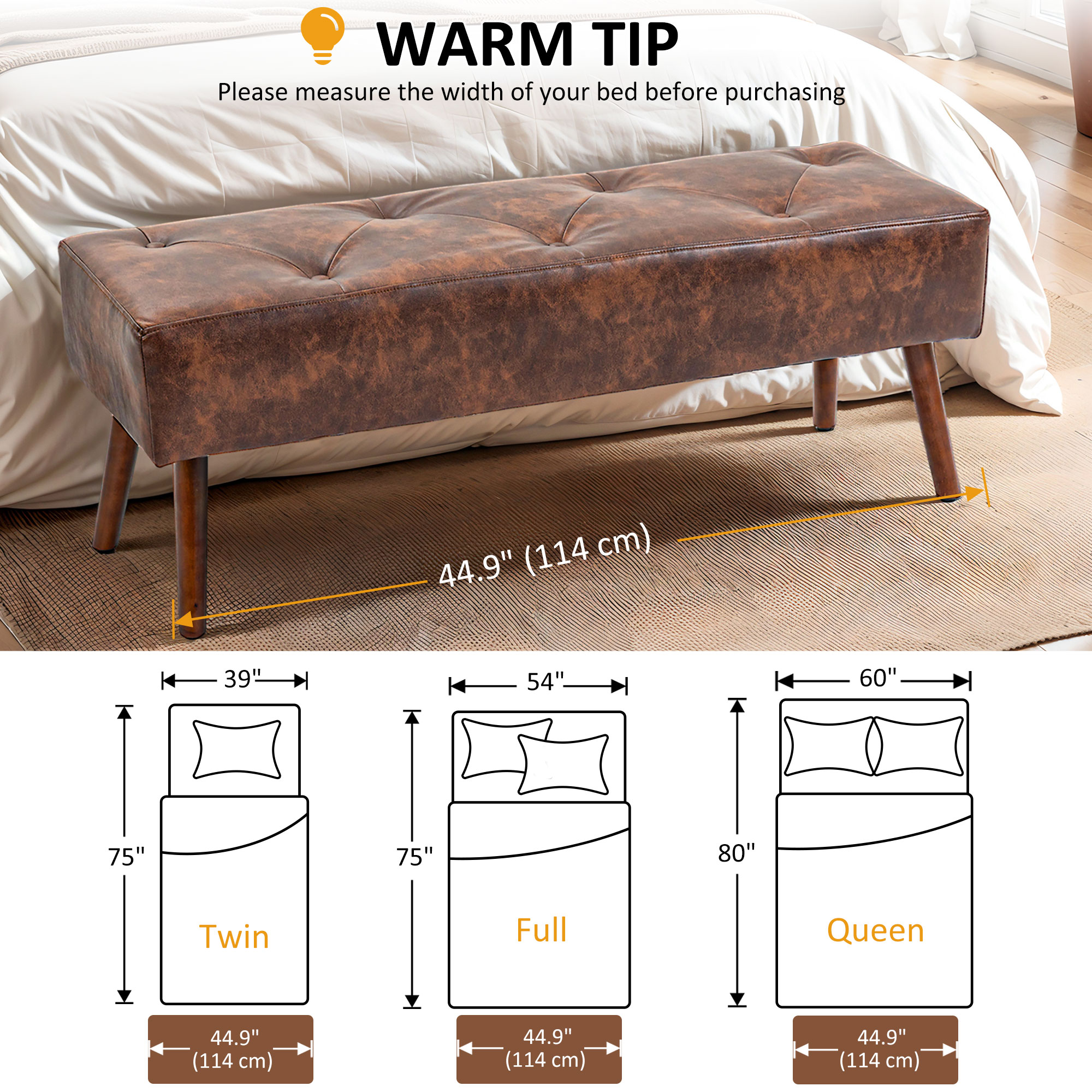 Bedroom Bench, End of Bed Bench with Button Tufted, PU Leather Upholstered Entryway Bench with Wood Legs, Brown - Image 5