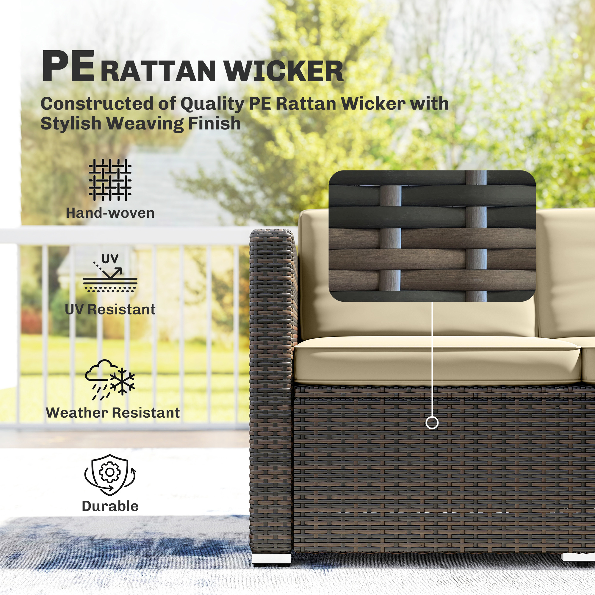 3 Pieces Patio Furniture Set with Cushions, Outdoor PE Rattan Wicker Conversation Corner Sofa Set, Khaki - Image 2
