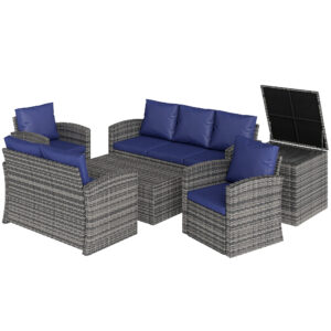 6 Pieces Wicker Patio Furniture Set with Cushions, 7-Seater Rattan Patio Sofa Set with Storage Table, Navy Blue