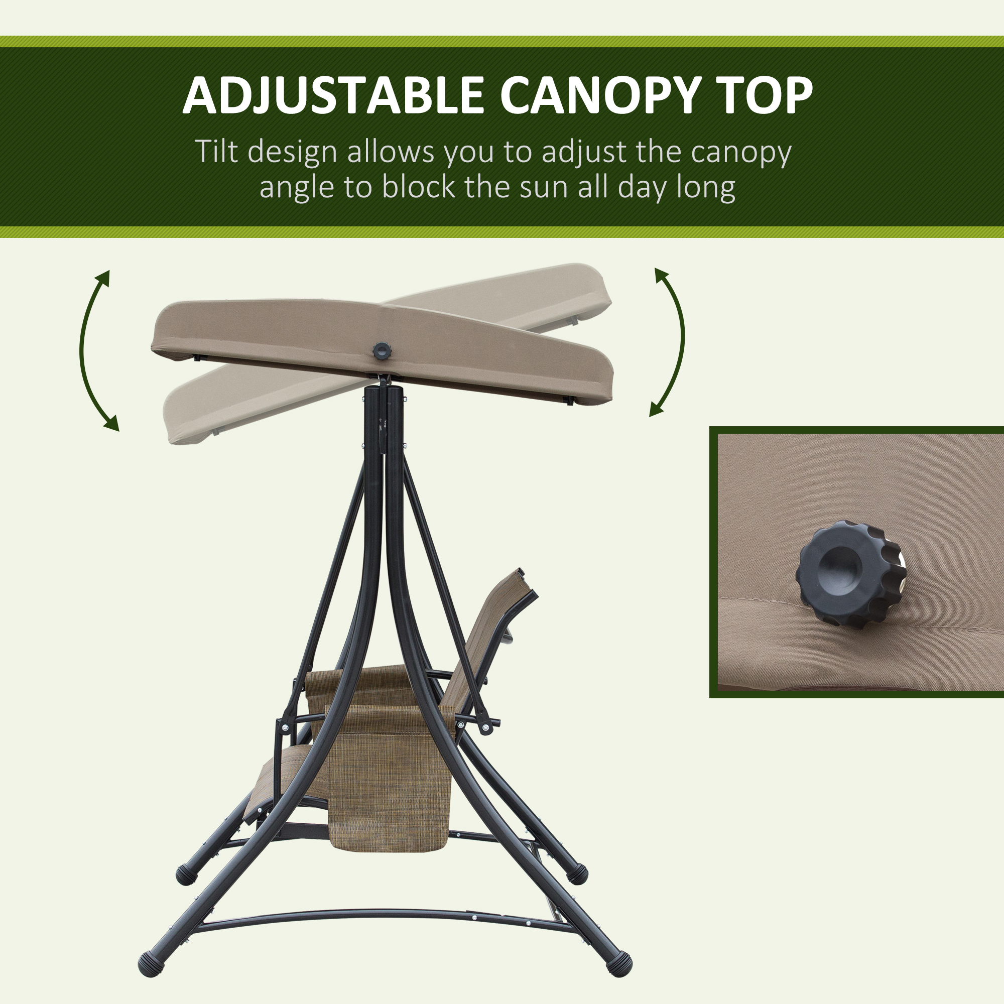 3 Person Porch Swing Outdoor Swing Chair with High Back Design, Side Pouches and Adjustable Canopy, Brown - Image 2
