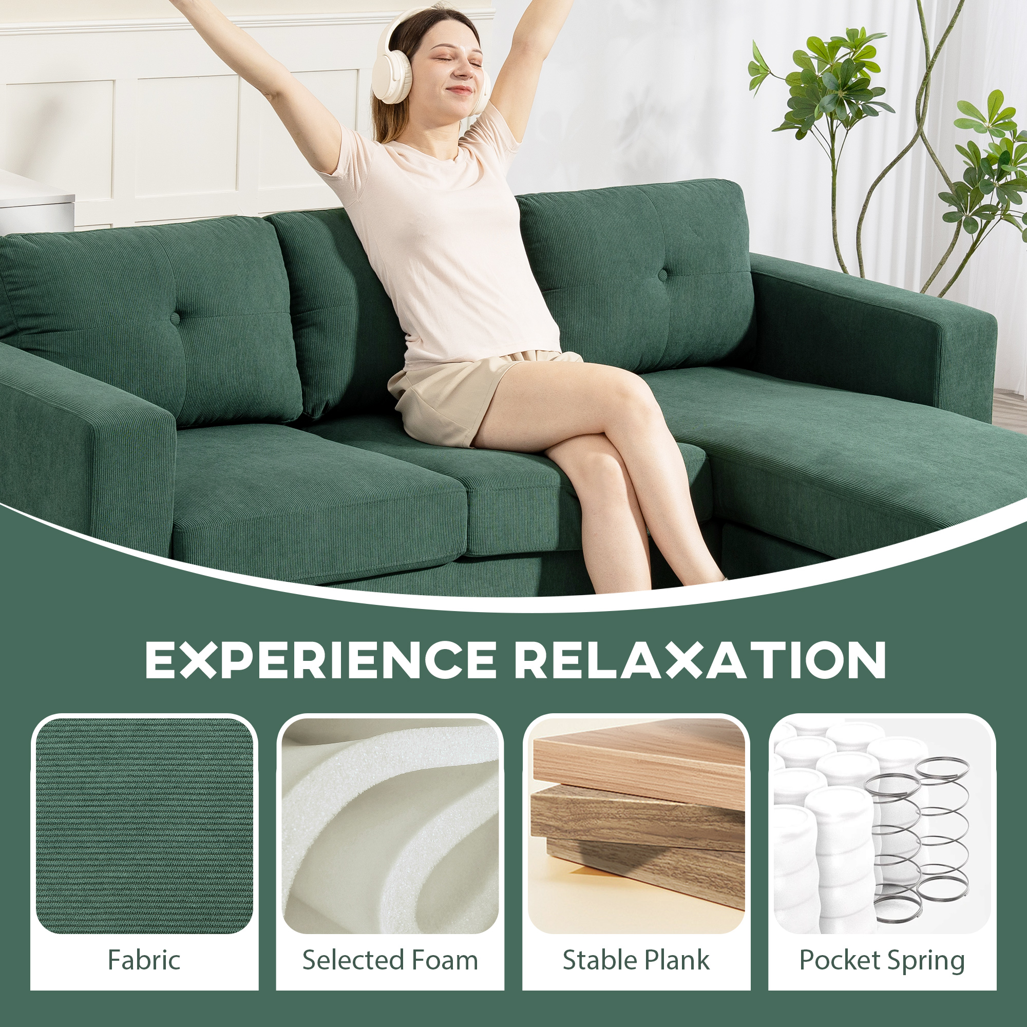 Sectional Sofa with Changeable Chaise Lounge, 3 Seat L-Shaped Sofa, Upholstered Couch for Small Space, Dark Green - Image 3