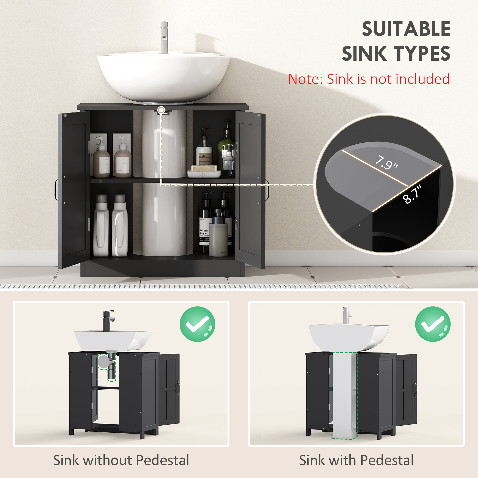 edestal Under Sink Cabinet, Bathroom Vanity Cabinet Storage with Double Doors and Adjustable Shelf, Black - Image 2