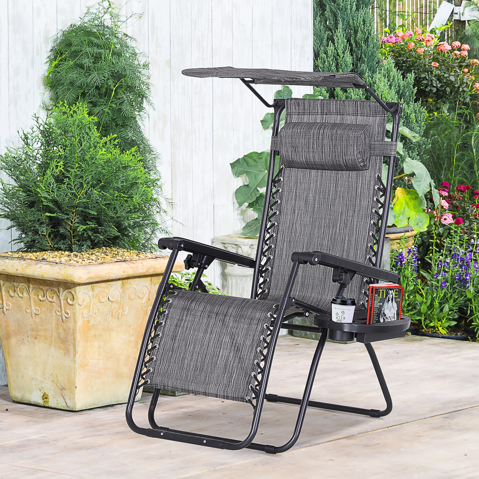 Outdoor Zero Gravity Reclining Lounger Chair with Canopy Shade, Side Tray, Cupholder, Dark Grey - Image 6