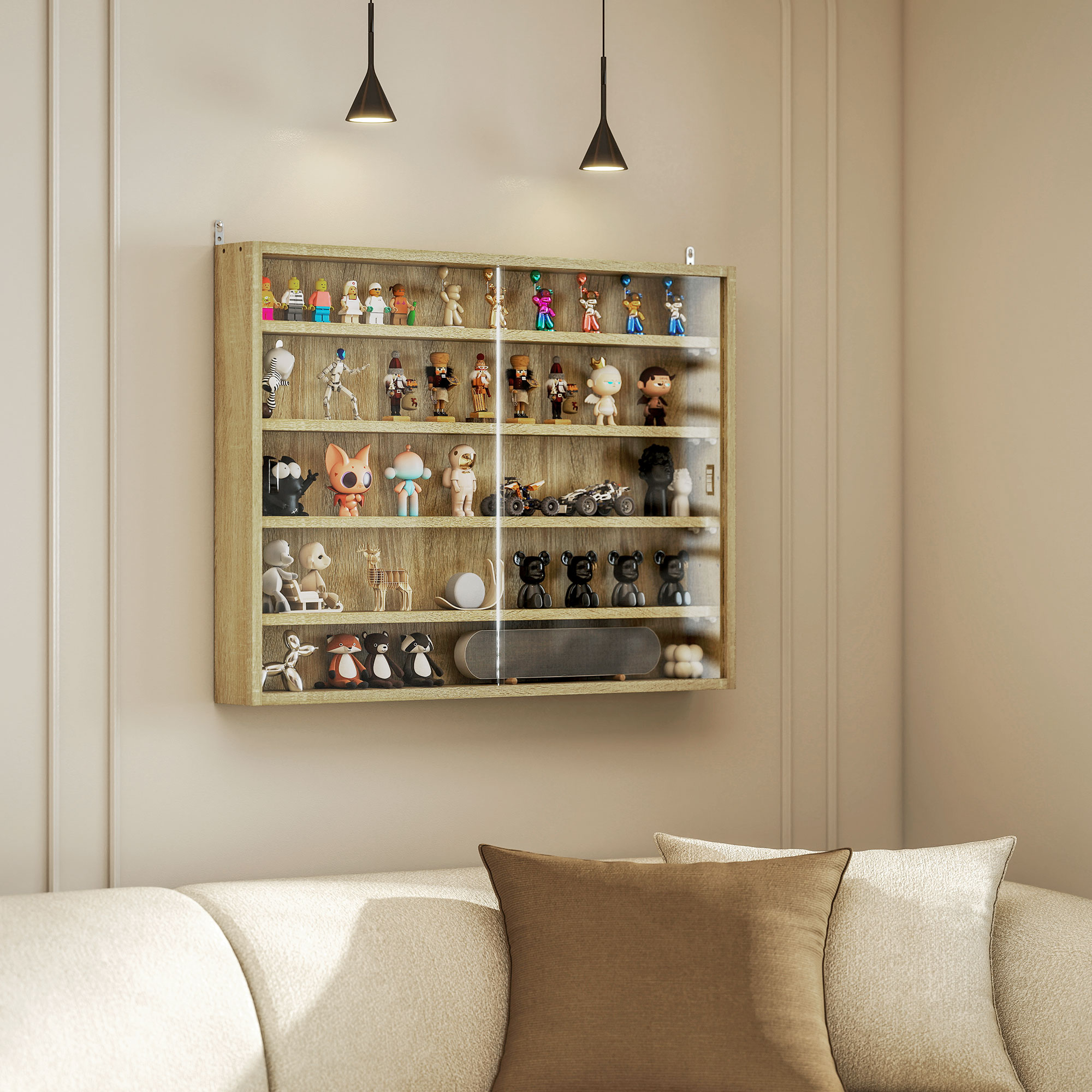 5-storey Display Cabinet, Shot Glass Display Case, Glass Curio Cabinet with 2 Glass Doors and 4 Adjustable Shelves, Oak - Image 6