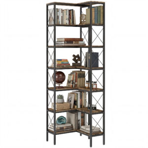 6-Tier L-Shaped Bookshelf, Freestanding Corner Bookcase with Metal Frame, Rustic Brown