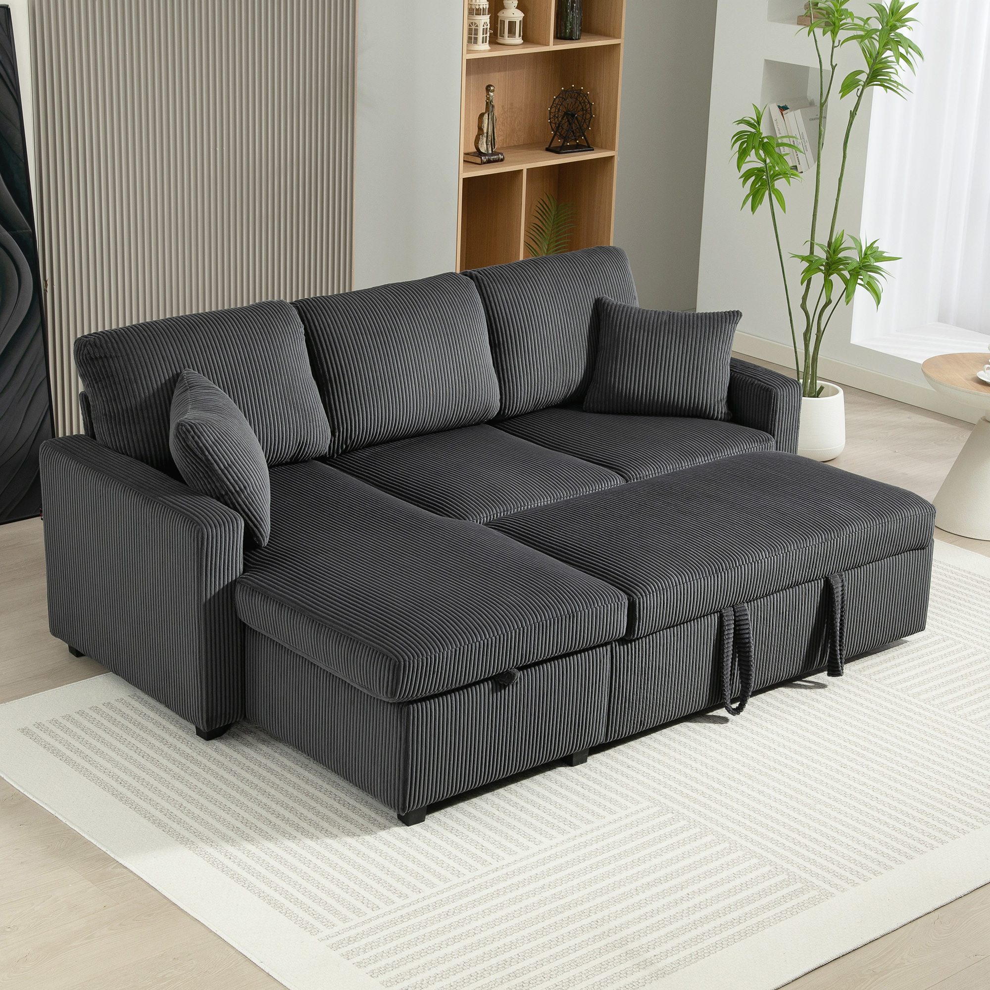 81" Sofa Bed, 2 In 1 Pull Out Sleeper Sofa Bed with Storage, Corduroy Convertible Couch for Living Room, Dark Grey - Image 6