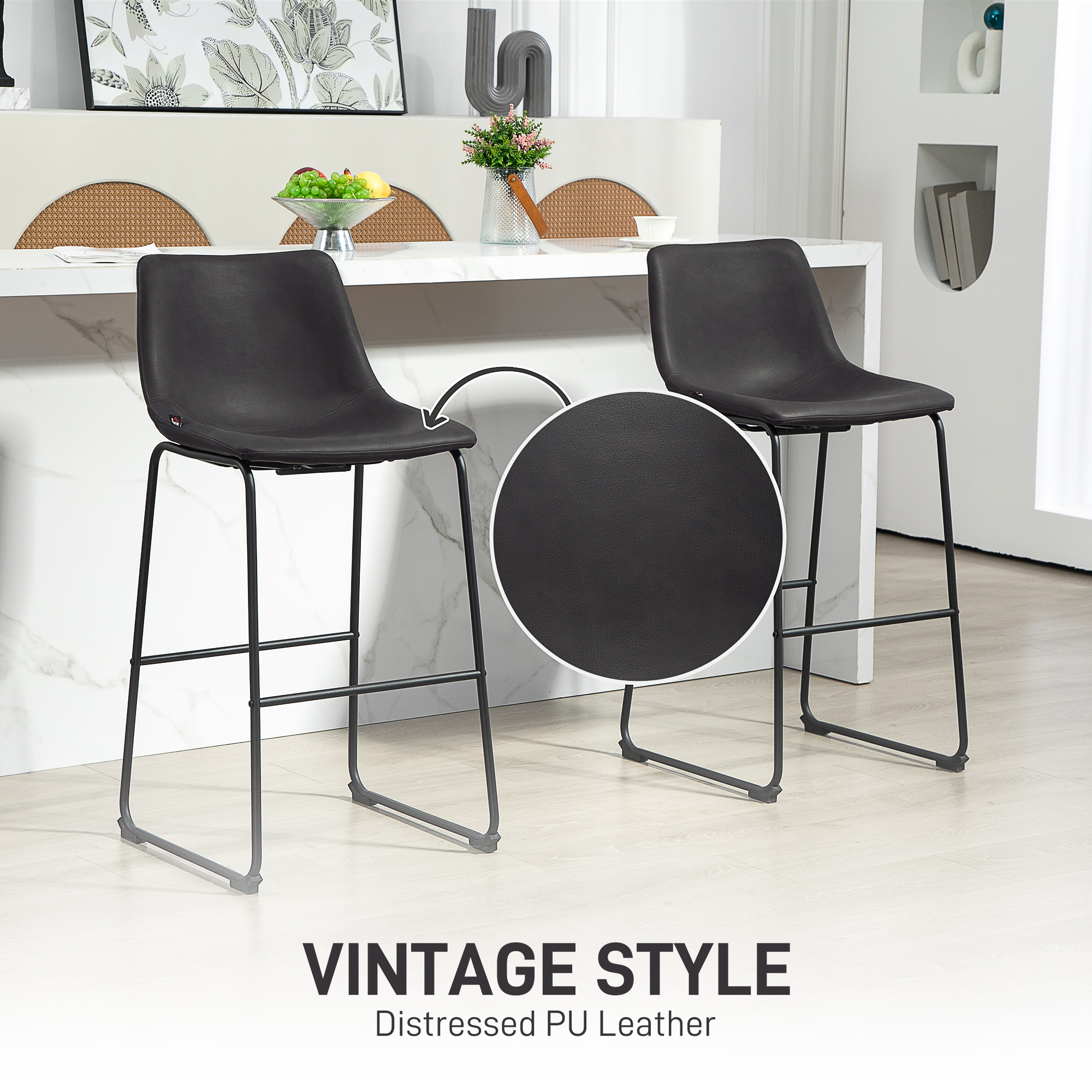 Counter Height Bar Stools Set of 2, Vintage PU Leather Bar Chairs, Kitchen Stool with Footrest, Dark Brown - Image 2