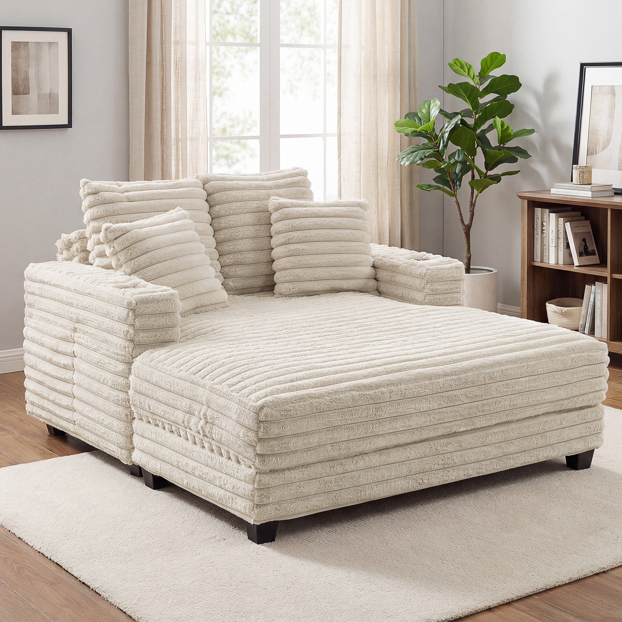 60" Chaise Lounge Chair, Oversized Upholstered Sofa Bed with Cup Holders & Pillows, Sleeper Couch for Living Room, Beige - Image 6