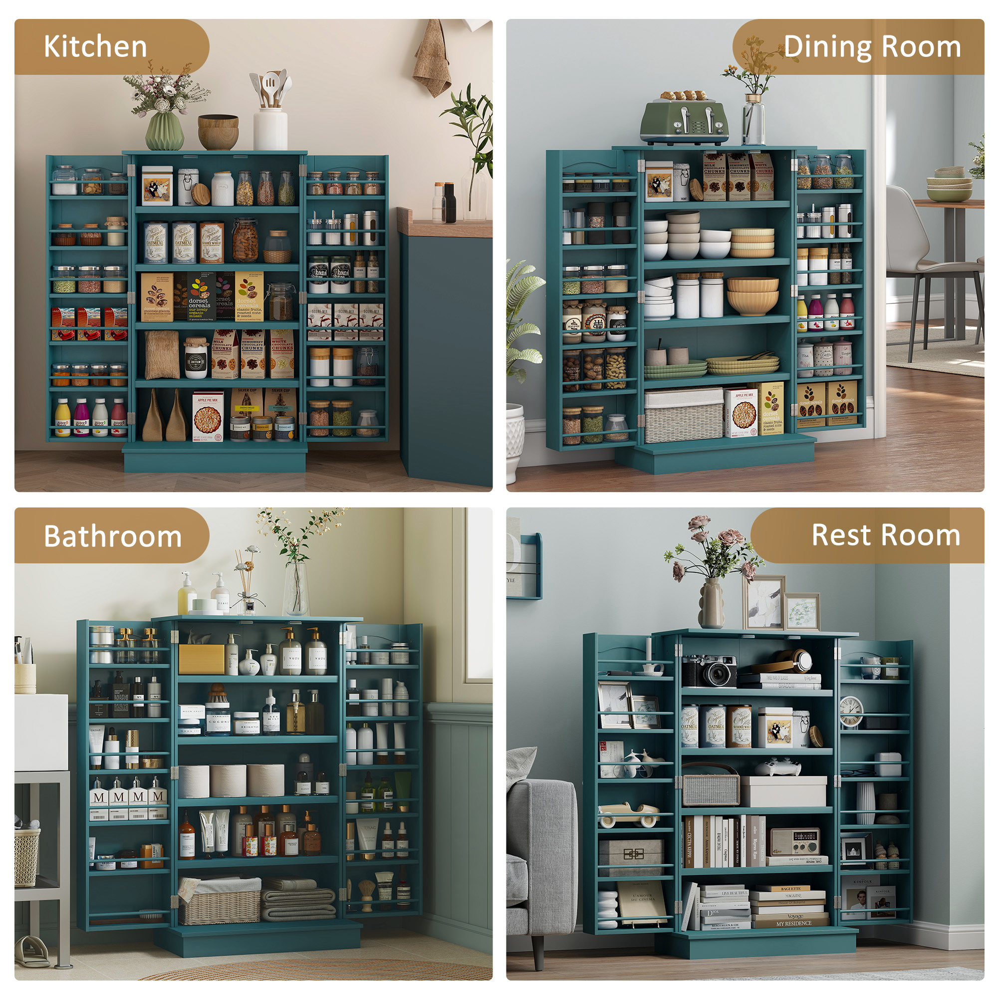 41" Storage Cabinet, 2-Door Kitchen Pantry Cabinet with 5-tier Shelving, 12 Spice Racks, Adjustable Shelves, Teal Blue - Image 5