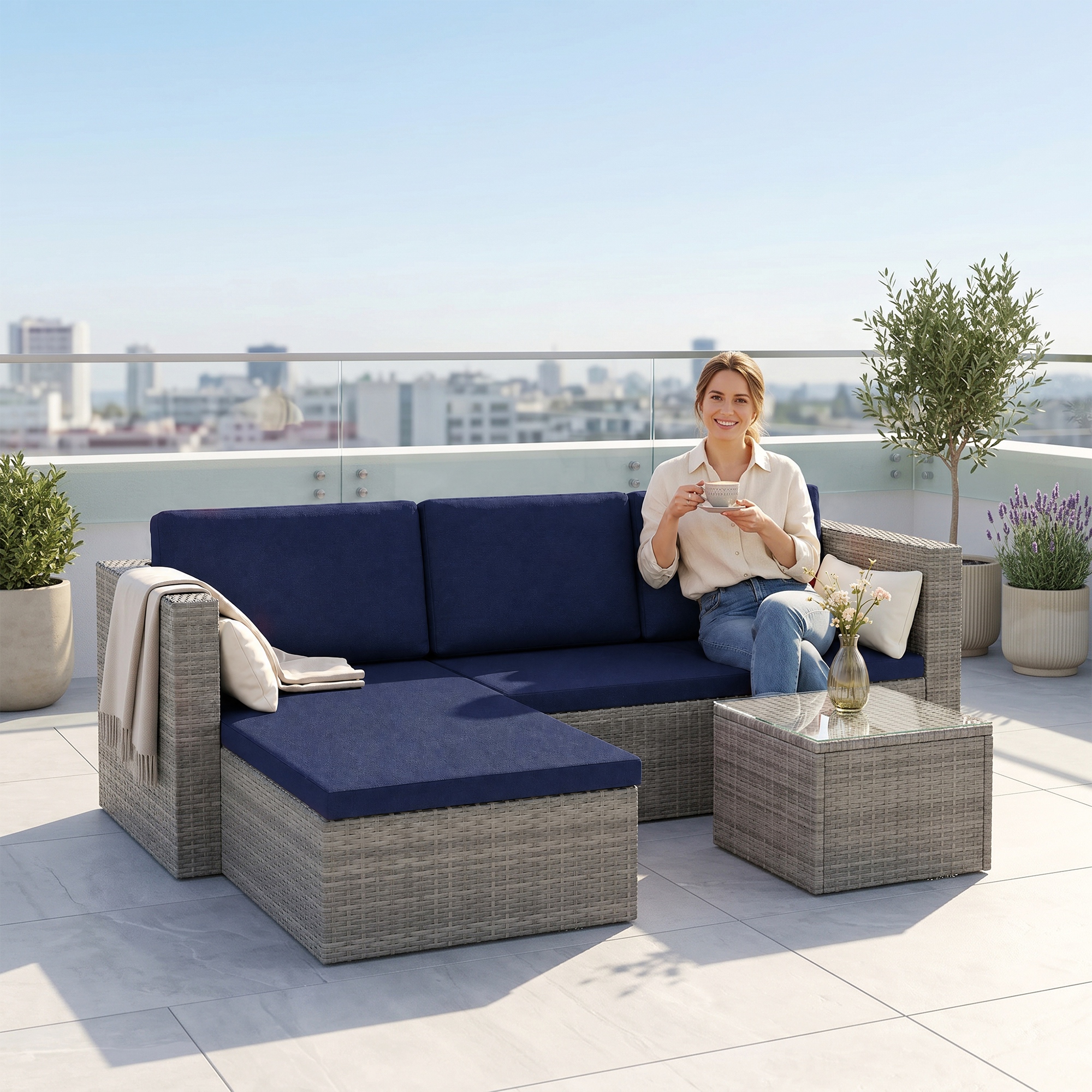 3pcs Modern Rattan Sofa Set, Wicker Patio Furniture Set with Coffee Table, Cushions, Pillows - Image 6