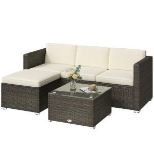 3 Pieces Patio Furniture Set with Cushions, Outdoor PE Rattan Wicker Conversation Corner Sofa Set with Glass Top Table and Adjustable Foot for Garden, Lawn, Cream White
