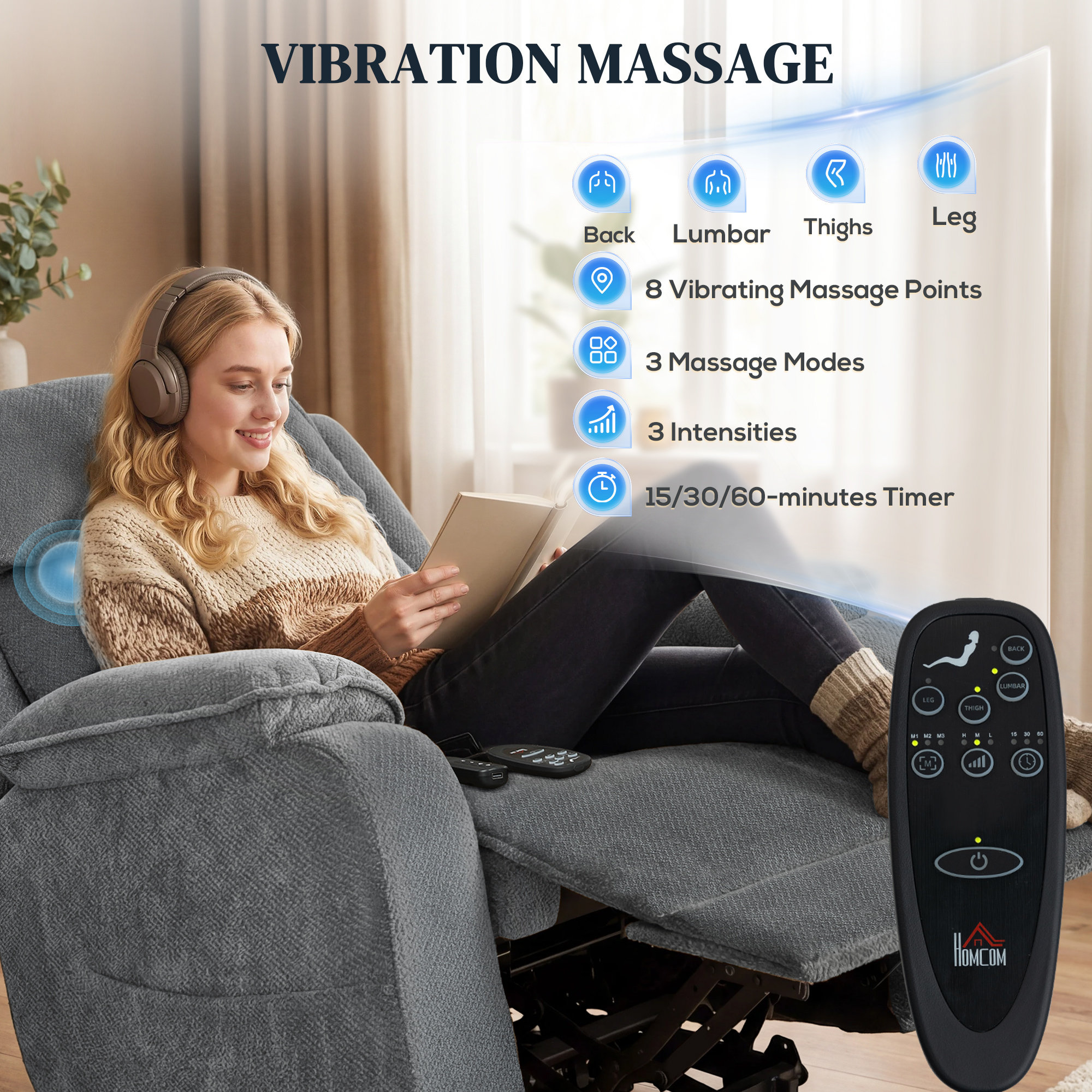 Power Recliner Chair with Massage, Electric Lift Chair for Elderly with Side Pockets, 2 Memory Positions, Remote, Grey - Image 3