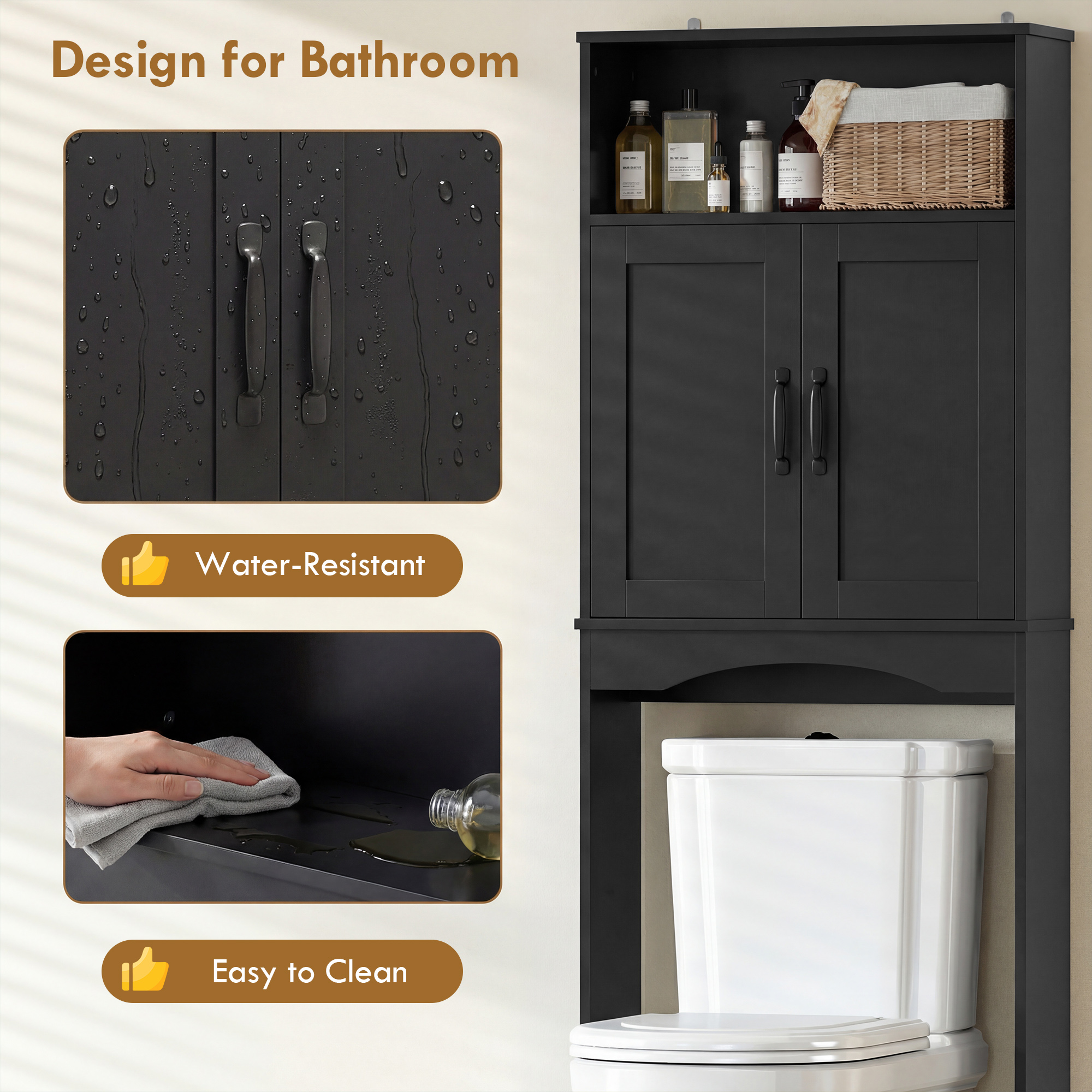 Over the Toilet Storage Cabinet Freestanding Bathroom Organizer with 2 Doors and Open Shelf Black - Image 5
