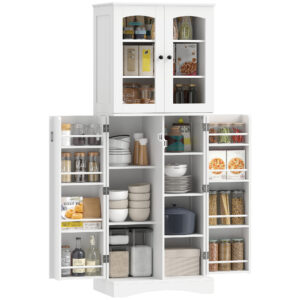 64" Tall Kitchen Pantry Cabinet, Kitchen Cabinet with Soft-Close Acrylic Doors, 10 Shelves, 8 Door Racks, White