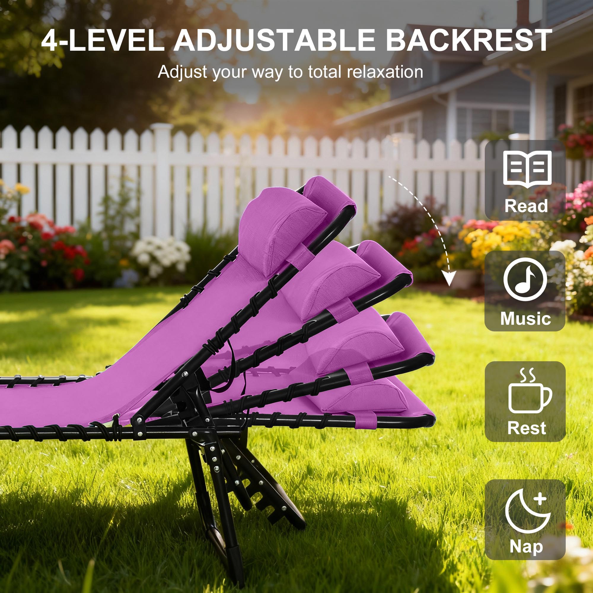 Outdoor Folding Lounge Chair, 4-Level Adjustable Chaise Lounge with Headrest, Tanning Chair Beach Bed, Reclining Lounger Cot for Camping, Hiking, Backyard, Purple - Image 2