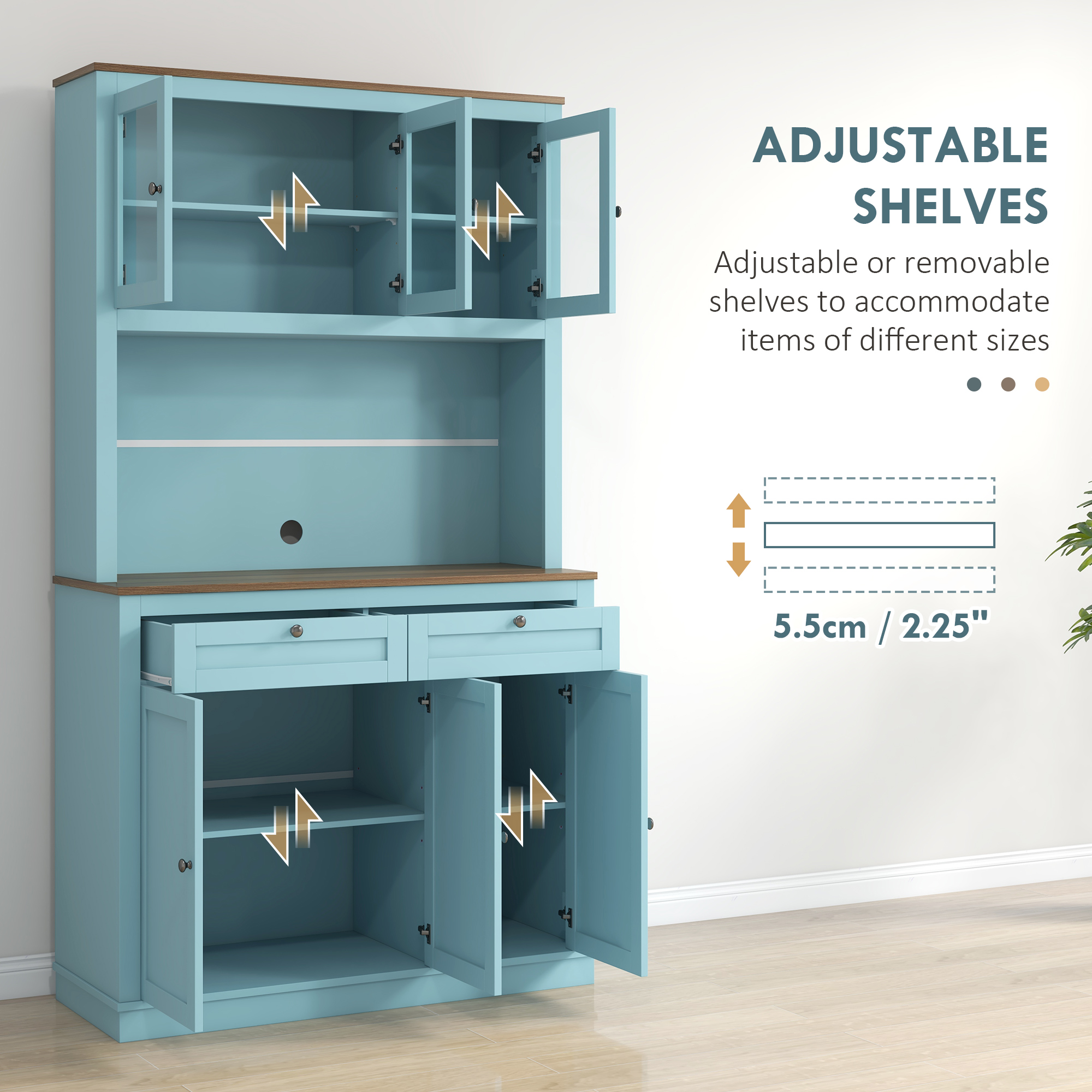 71" Pantry Cabinet with Microwave Space, Buffet with Hutch, 2 Drawers, Adjustable Shelves and Glass Doors, Blue - Image 3