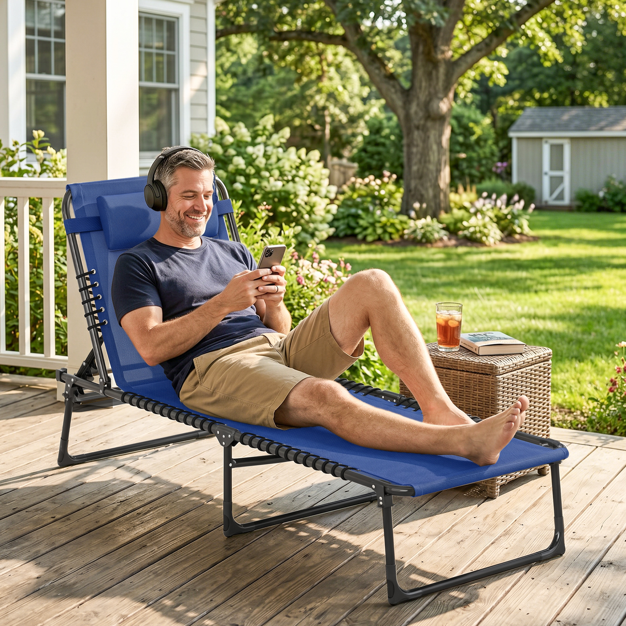 Outdoor Folding Lounge Chair, 4-Level Adjustable Chaise Lounge, Tanning Chair Beach Bed Reclining Lounger Cot for Camping, Hiking, Backyard, Navy Blue - Image 5