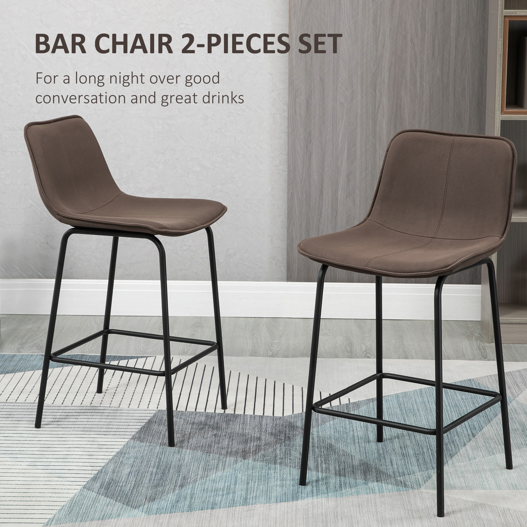 Bar Stools Set of 2, Upholstered Counter Height Bar Chairs, 26" (66 cm) Kitchen Stools with Steel Legs for Dining Area, Kitchen Aisle, Coffee - Image 2