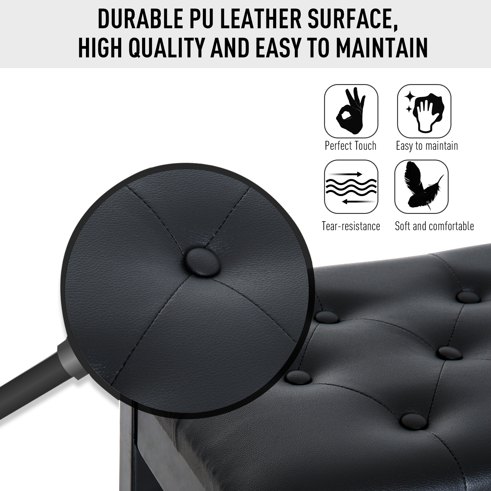 30" Piano Bench with Padded Cushion and Storage, Faux Leather Keyboard Bench with Solid Wood Legs, Black - Image 3