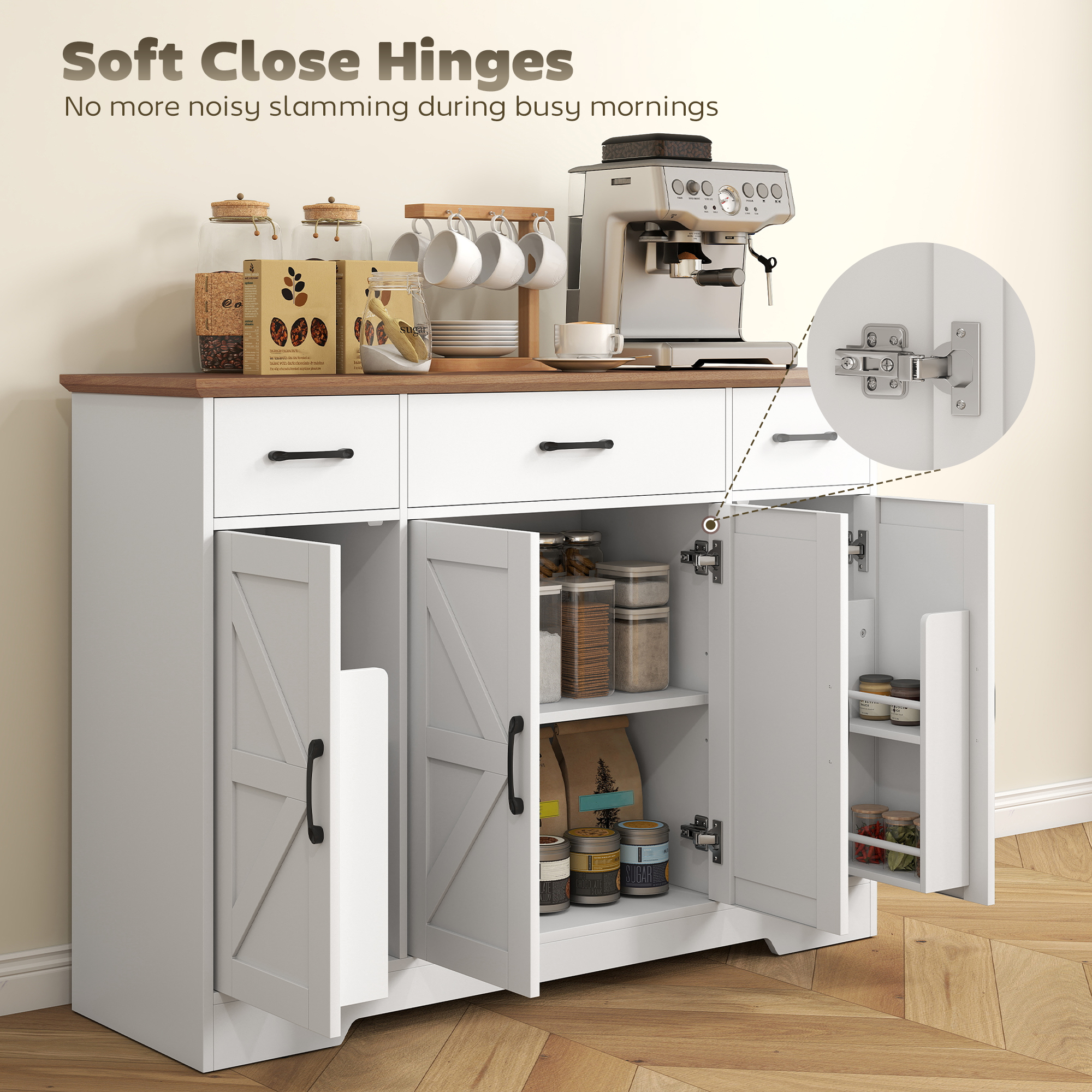 47" Buffet Cabinet with Soft-Close Hinges, Farmhouse Sideboard with 3 Drawers, Adjustable Shelves and Spice Racks, White - Image 3