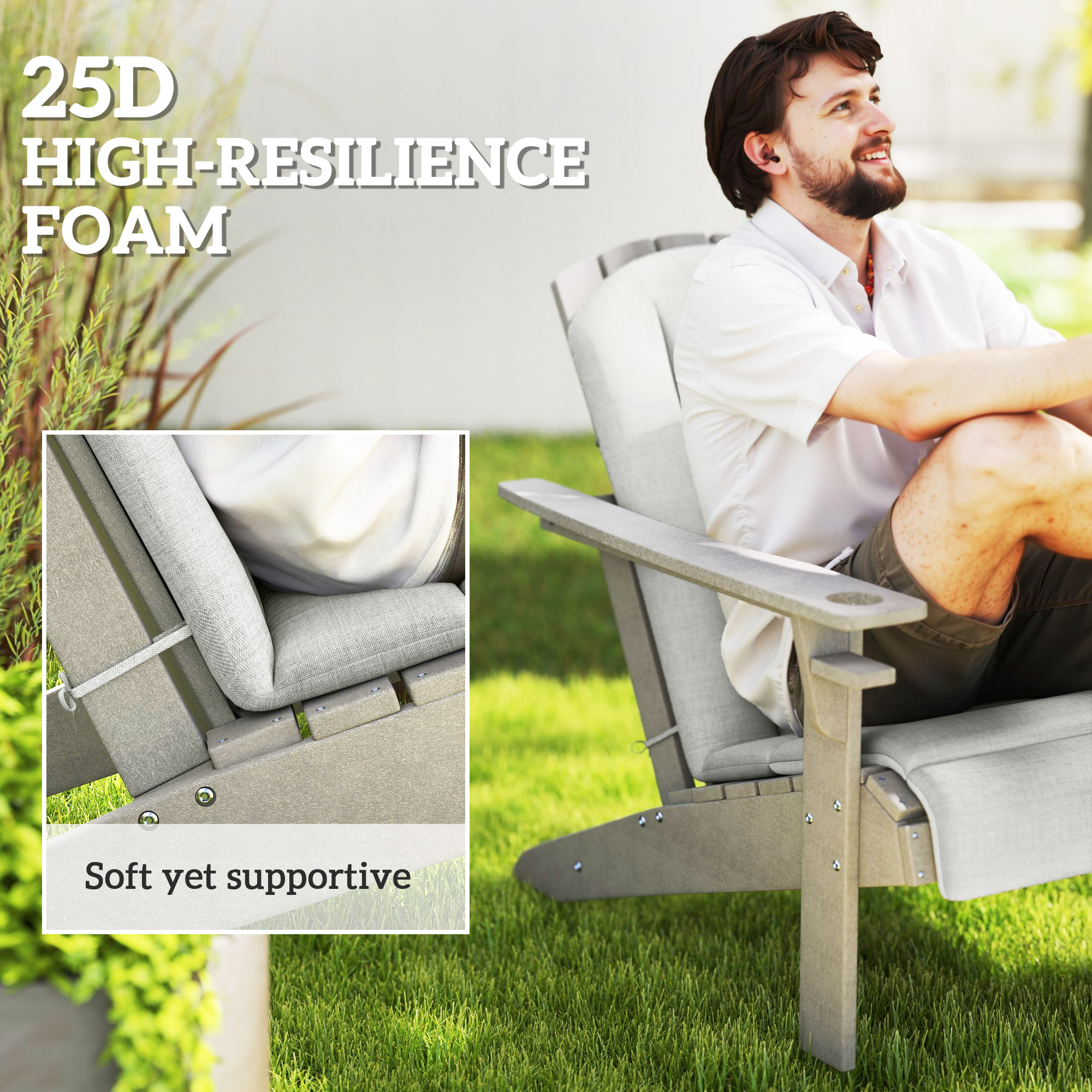 Set of 2 Patio Chair Cushions, High Back Adirondack Chair Cushion with Ties, High-Density Foam, Light Grey - Image 2