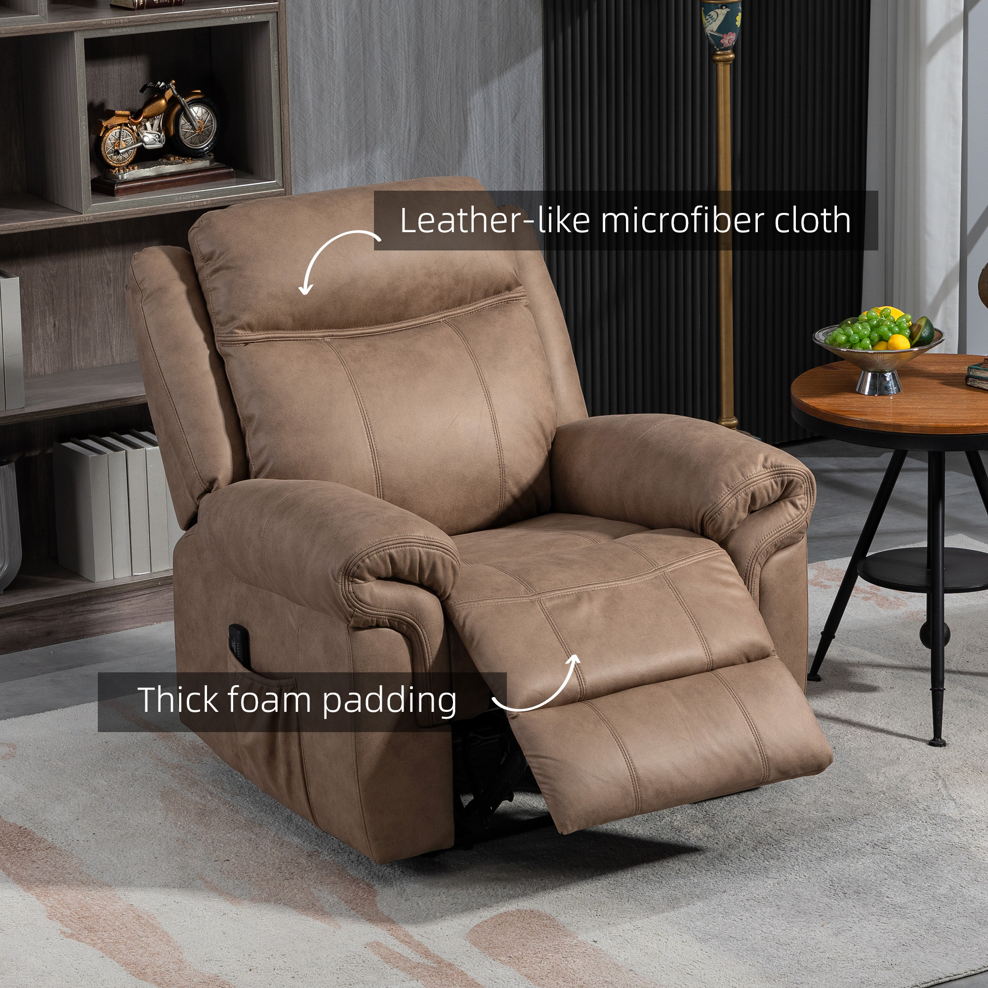 Manual Recliner Chair with Vibration Massage, Side Pockets, Microfibre Reclining Chair Nursing Chair for Living Room, Brown - Image 4