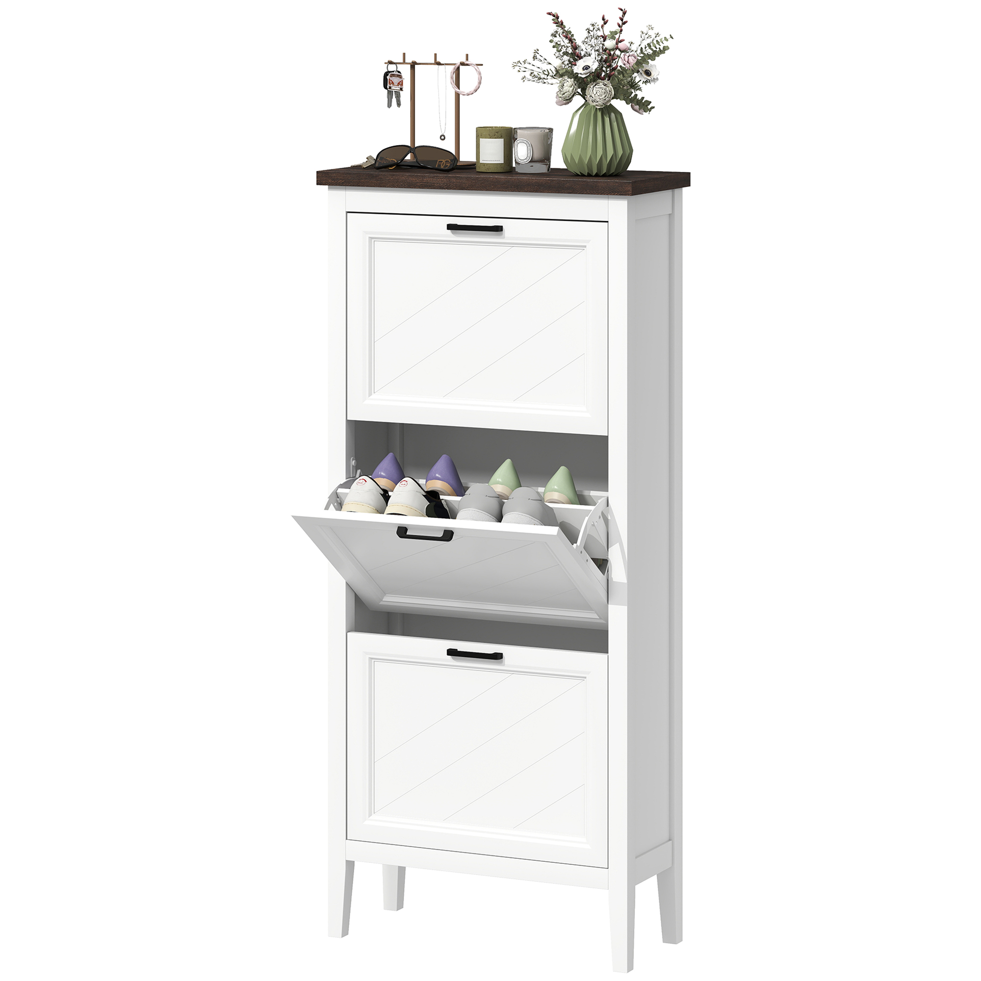 Shoe Cabinet with 3 Flip Drawers, Farmhouse Narrow Shoe Storage Cabinet with Adjustable Shelves, White