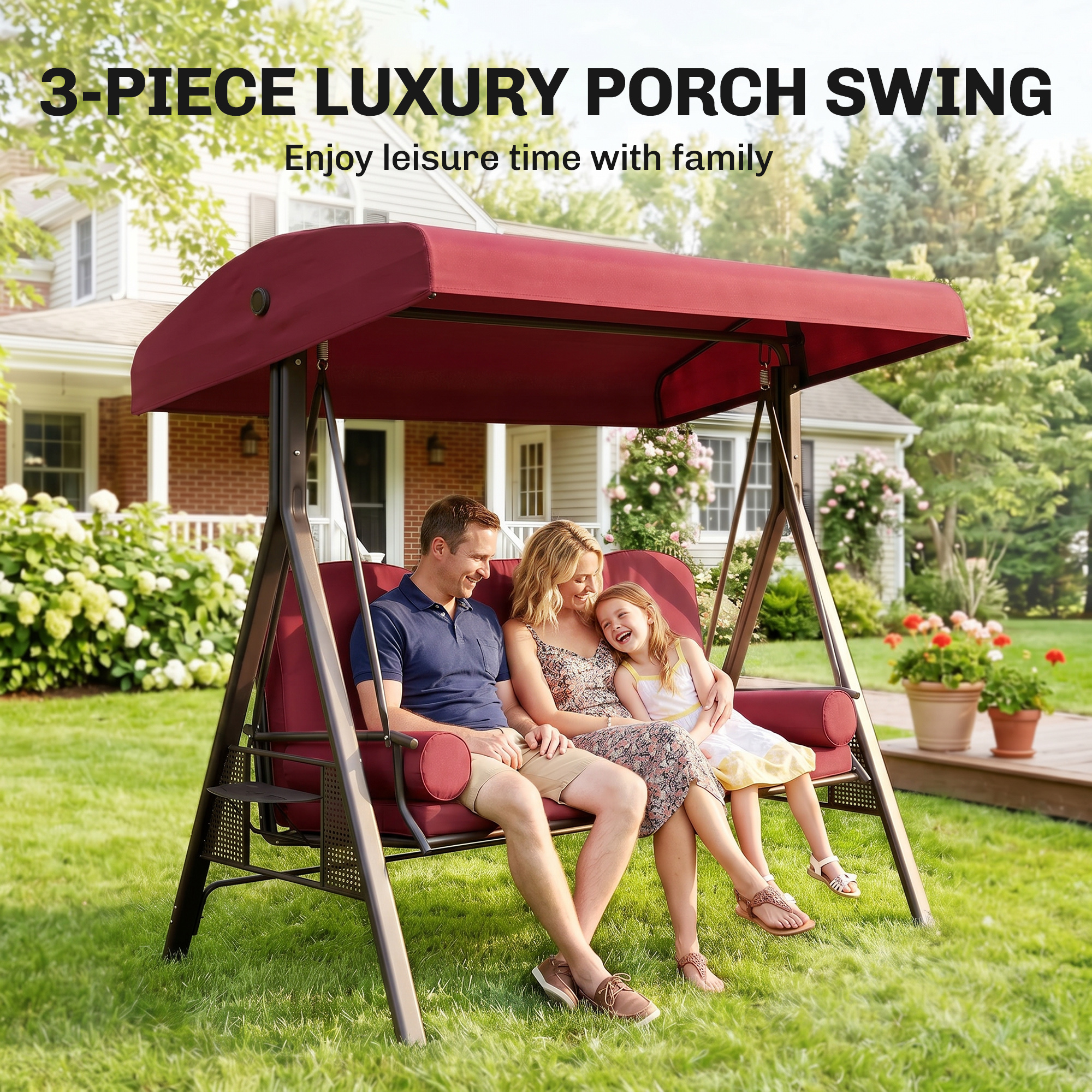 Outdoor Patio 3-Person Steel Canopy Cushioned Seat Bench Swing with Included Side Trays & Padded Comfort, Wine Red - Image 5