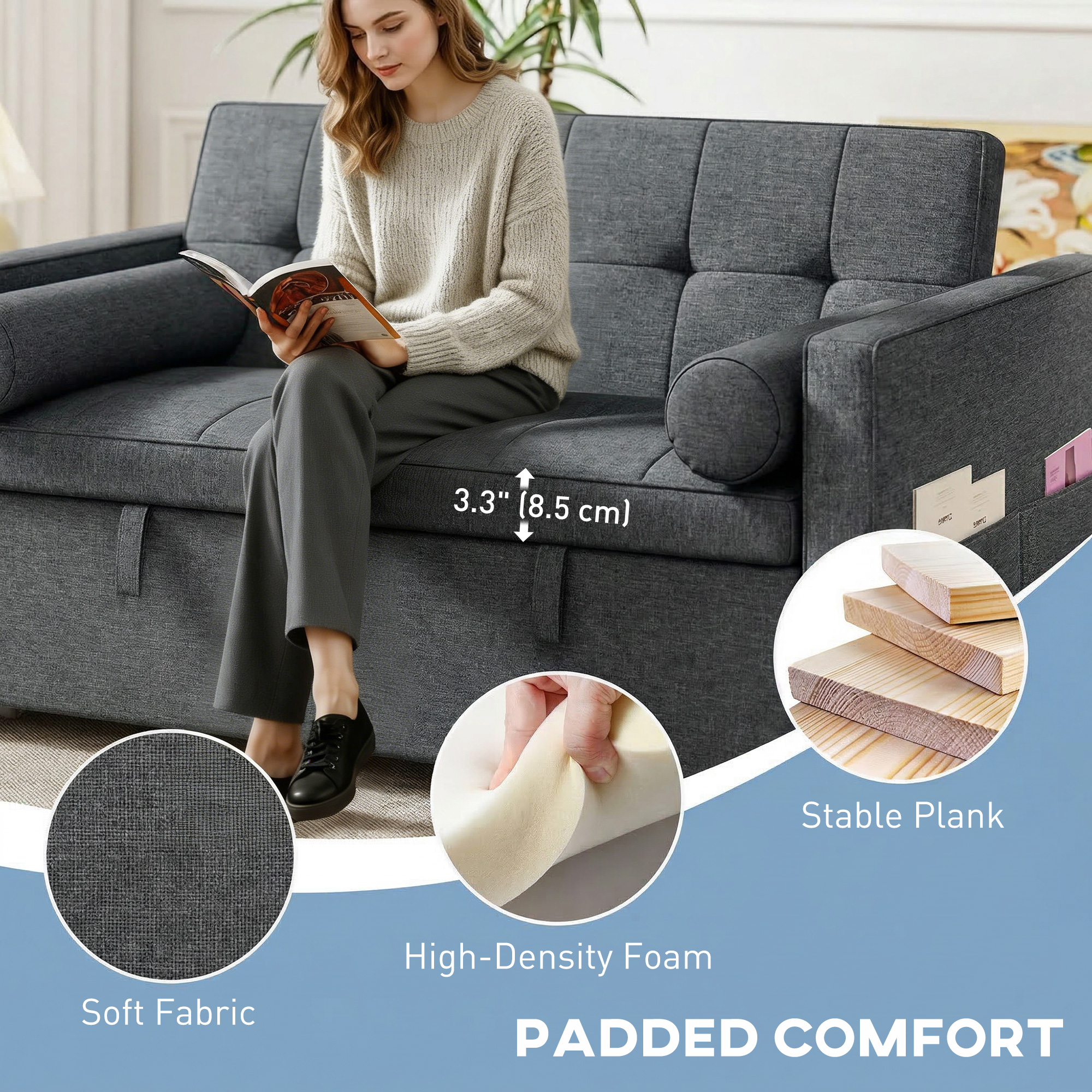 Pull Out Sofa Bed, Sleeper Sofa Couch with USB Ports, Small Linen Loveseat Futon Couch for Living Room, Dark Grey - Image 5