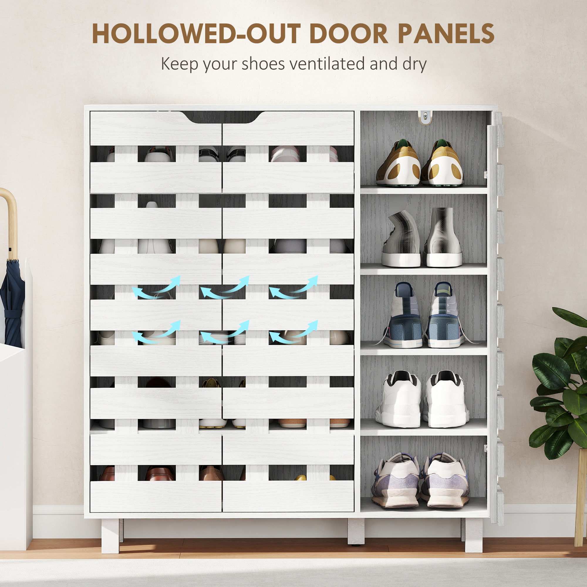 Shoe Cabinet, 20 Pair Shoe Storage Cabinet with Hollowed-Out Doors, White - Image 4