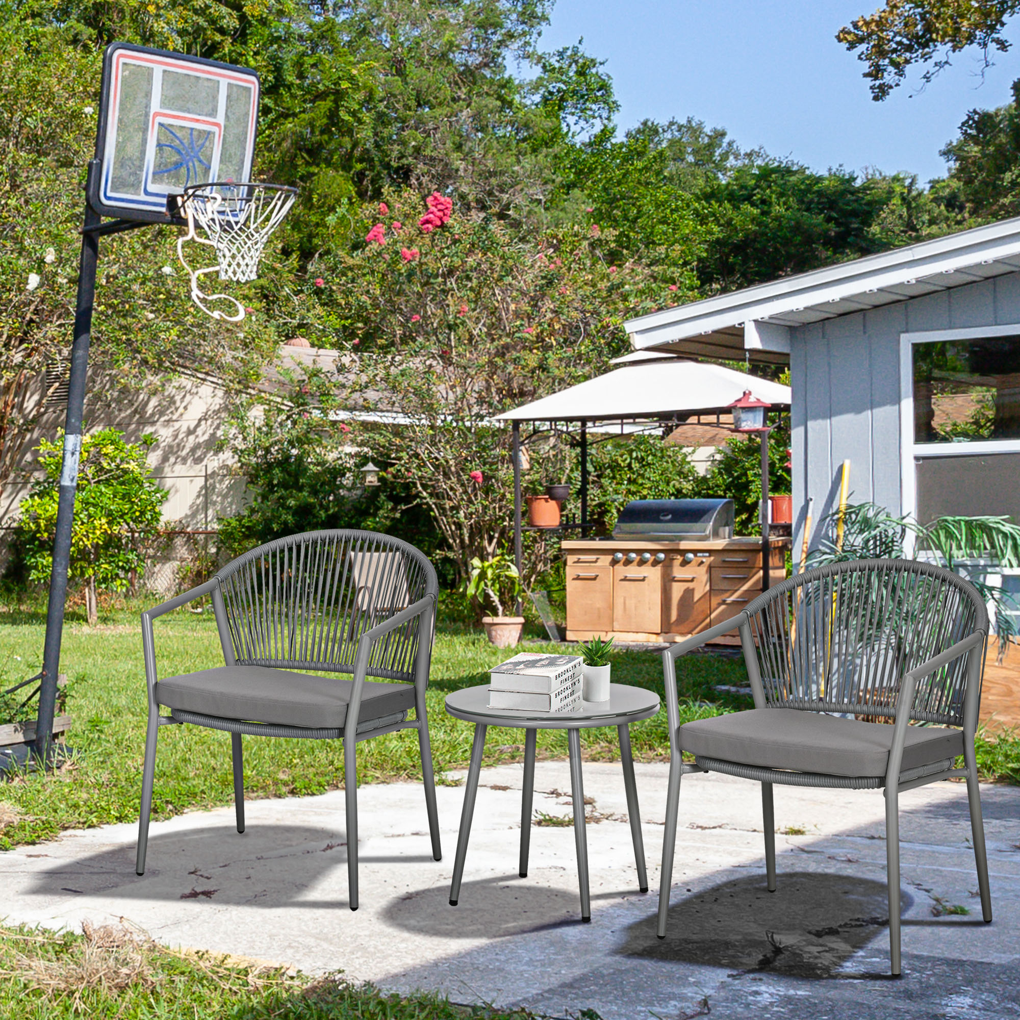 3-Piece Rattan Bistro Set, Garden Seating Group with 2 Armchairs and Coffee Table, Balcony Furniture Set, Grey - Image 6