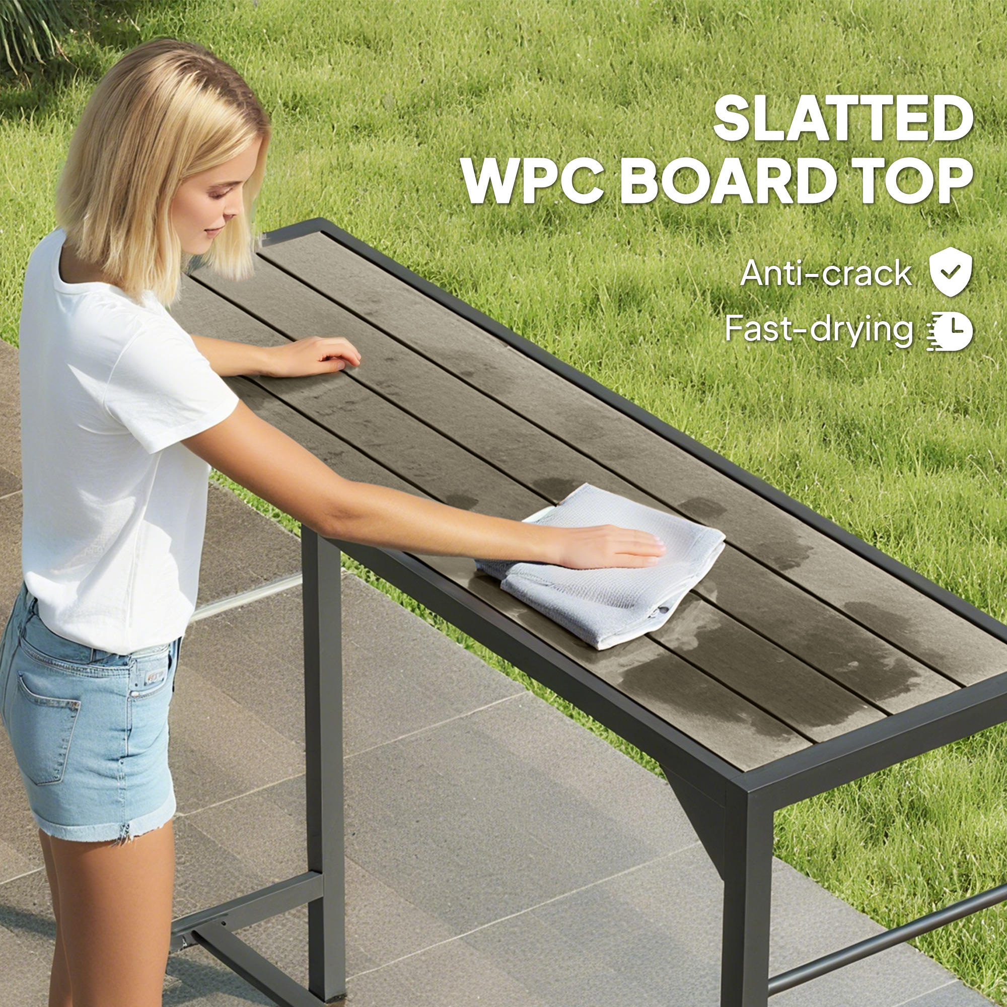 Bar Height Outdoor Table with Built-In Bottle Opener, Patio Bar Table with Wood Grain Plastic Top, 47.2" x 15" x 39" - Image 4