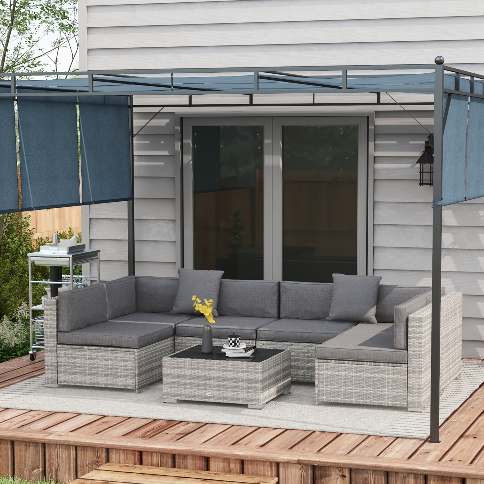 7 Pieces Patio Furniture Set, Rattan Conversation Set Garden Wicker Sofa Set with Washable Cushions and Coffee Table, Grey - Image 6