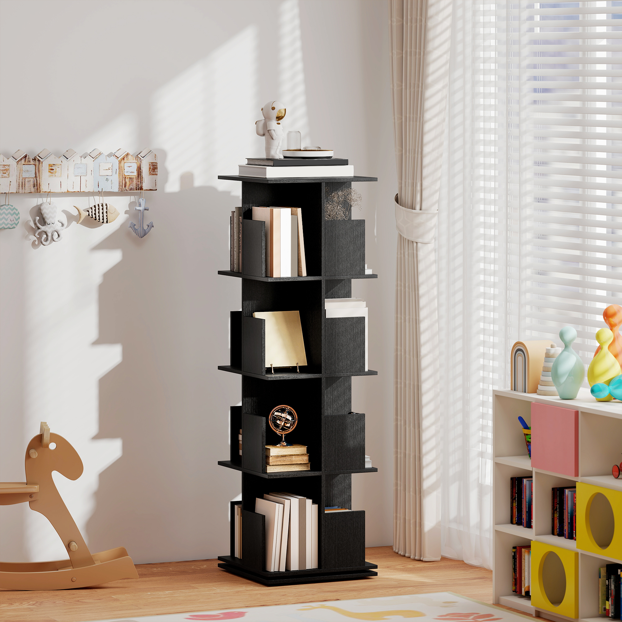 360° Rotating Bookcase with Anti-Tipping Straps, Anti-Slip Foot Pads, 4 Tier Bookshelf with 16 Cubbies for Books, Plants, Decorations, Black - Image 5