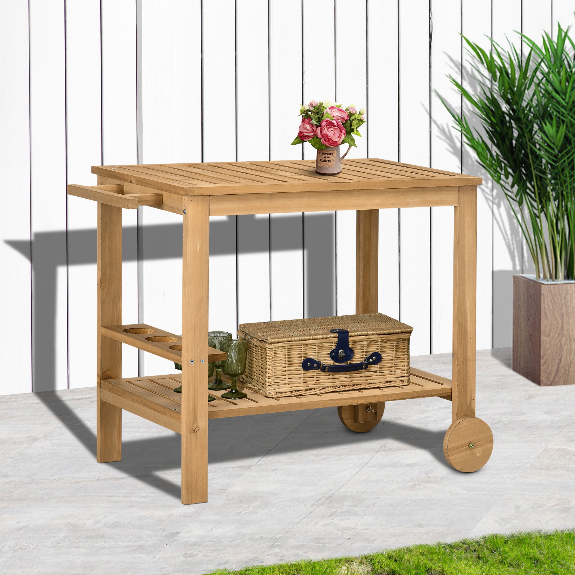 Outdoor Bar Cart, Wood Rolling Home Bar & Serving Cart with 2 Shelves, Wine Bottle Holders for Garden, Dining Room, Natural - Image 6