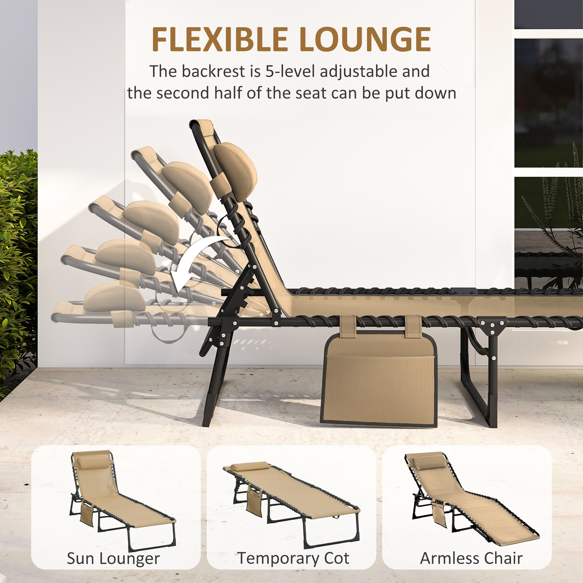 Outdoor Folding Chaise Lounge, Reclining Lounge Chair with Adjustable Backrest and Removable Pillow, Beige - Image 2