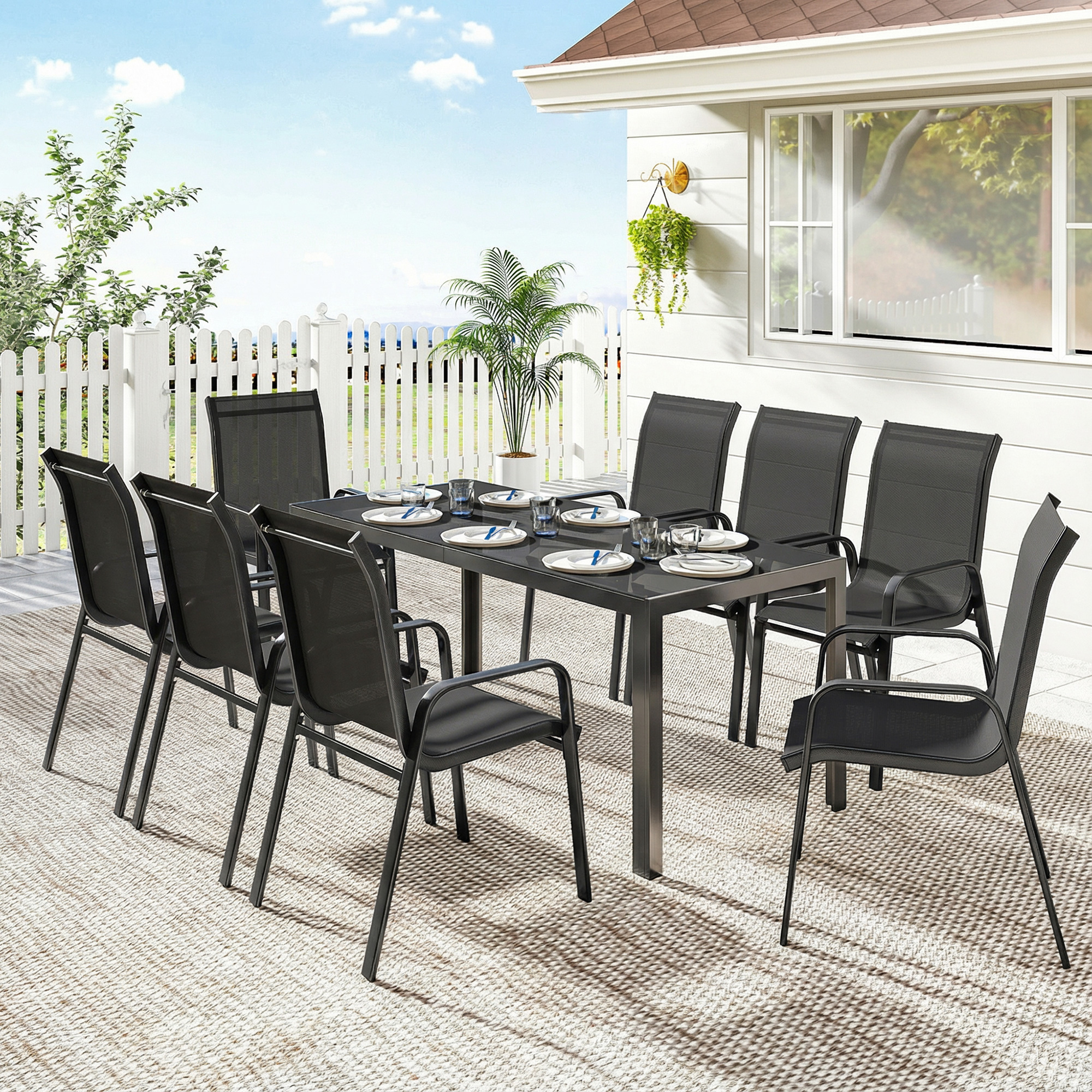 9 Pieces Patio Set with Stackable Chairs, Patio Dining Set with Glass Top for Garden, Patio, Backyard, Black - Image 6