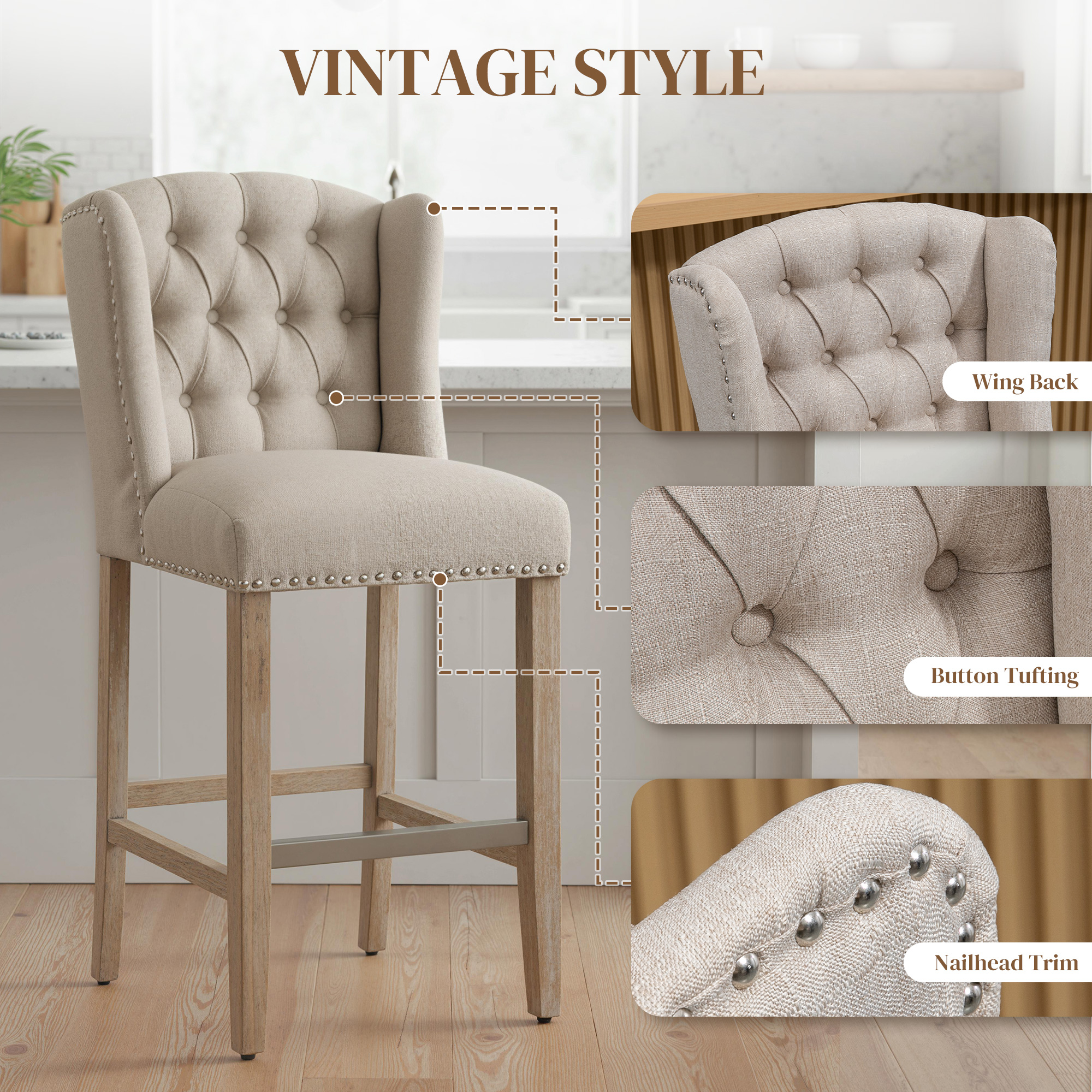 Counter Height Bar Stools Set of 2, Upholstered Bar Chairs with Nailhead Backrest and Footrest, Modern Barstools for Kitchen, Dining Room, Beige - Image 3