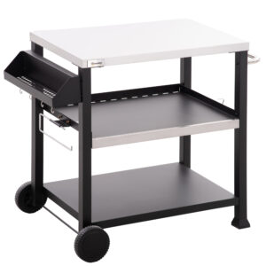 3-Shelf Outdoor Grill Cart Table with Side Handle, Stainless Steel Pizza Oven Stand on Wheels, Black