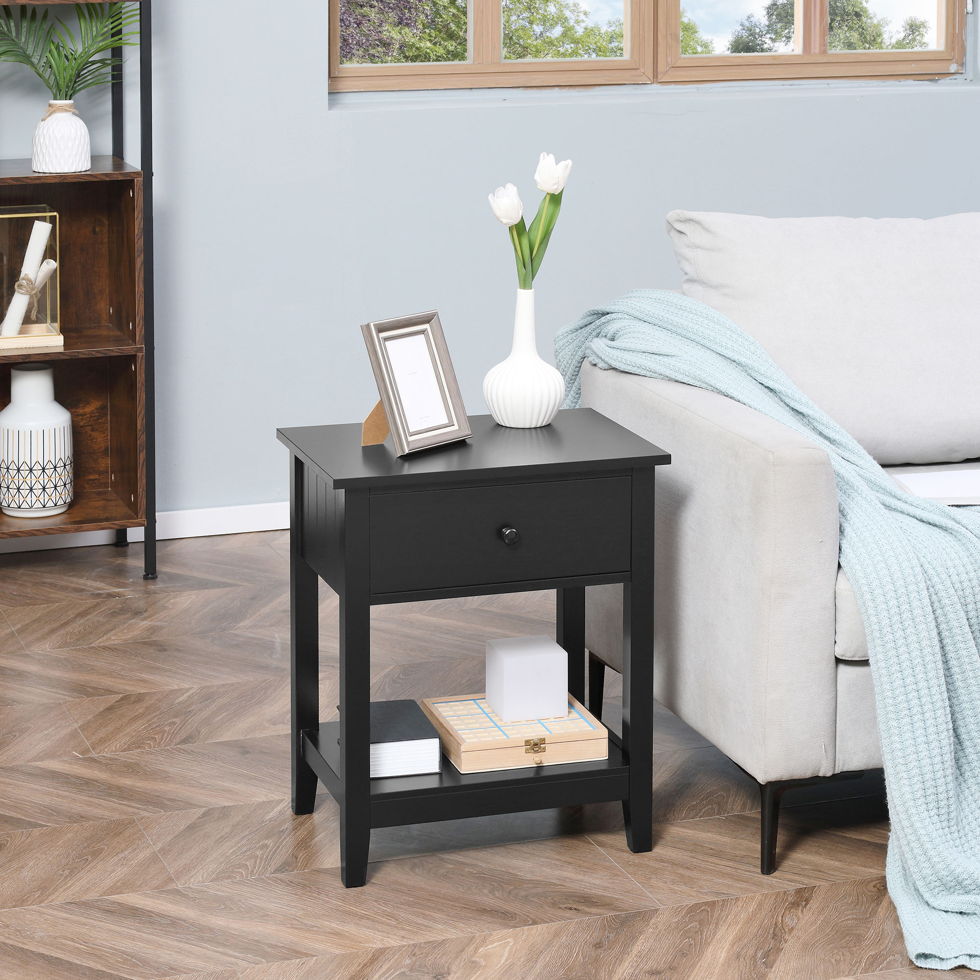 Modern Style Nightstand, Small End Table with Drawer and Storage Shelf for Bedroom, Living Room, Black - Image 5